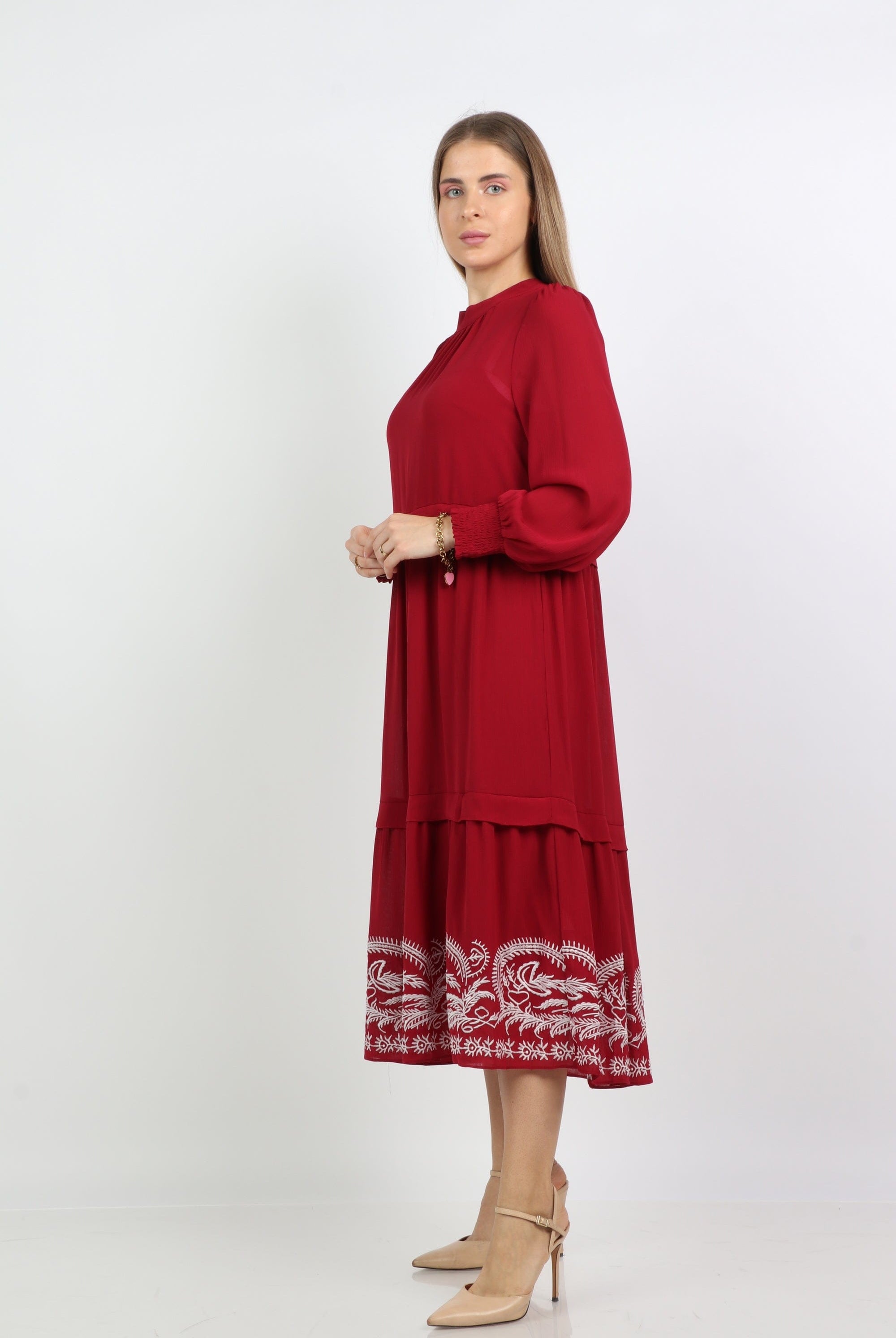 نتشي فستان ميدي شيفون واسع نقشة على الديل بأكمام طويلة