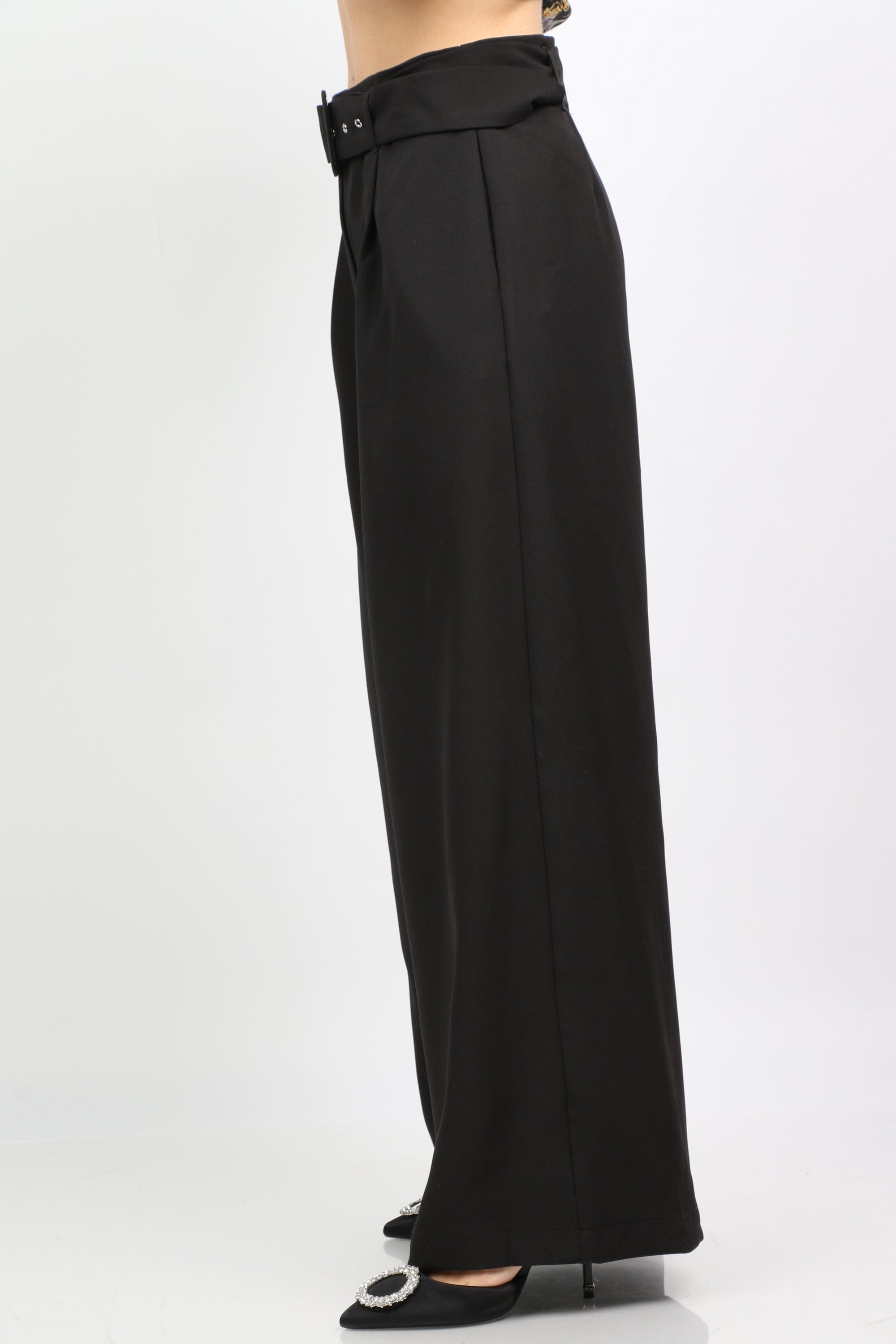 نتشي بنطلون كلاسيك سادة هاي ويست حزام مع توكة طويل نسائي