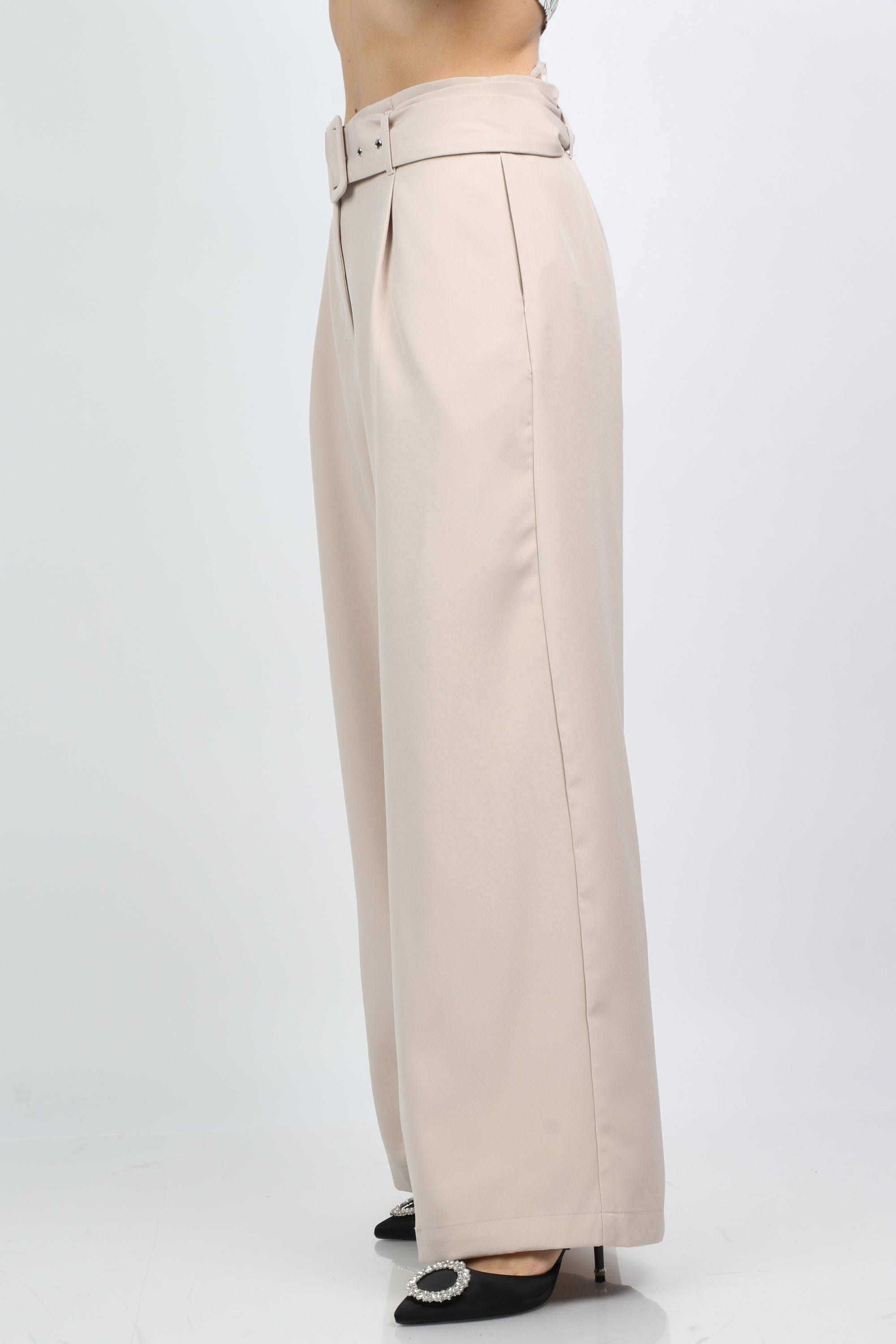 نتشي بنطلون كلاسيك سادة هاي ويست حزام مع توكة طويل نسائي
