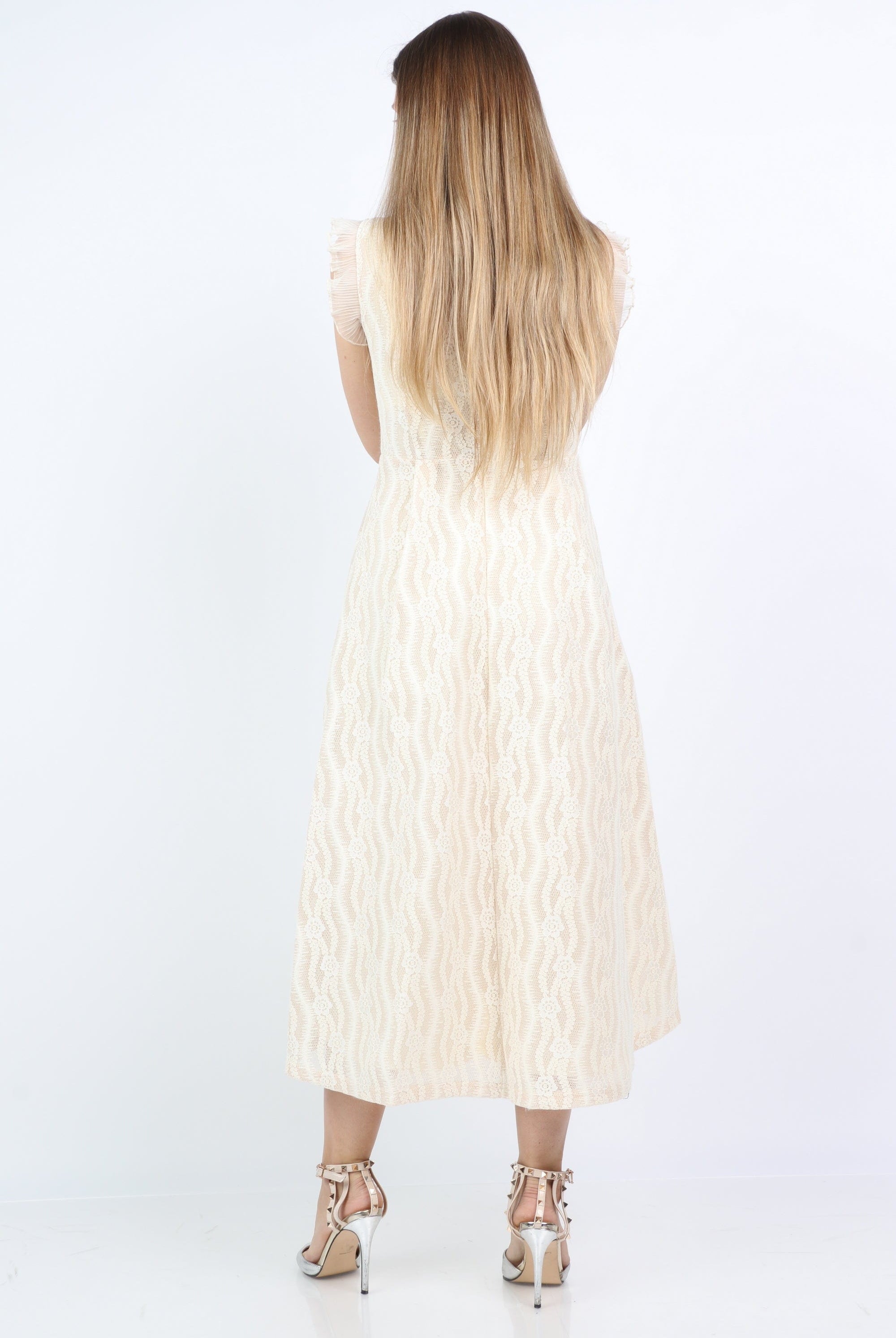 نتشي فستان ميدي منقوش بياقة مربعة مزين بكشكش عند الكتف بدون كم