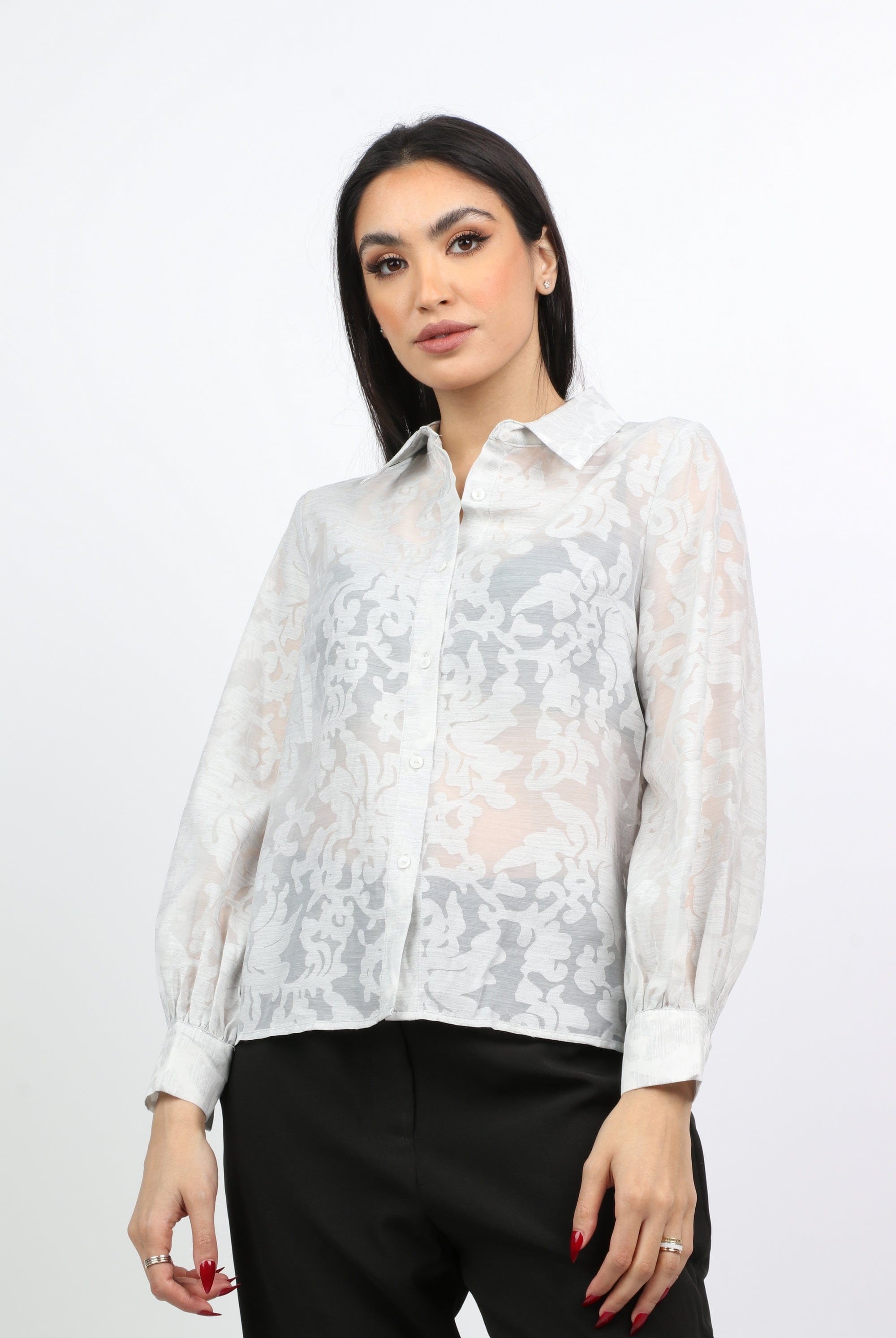 نتشي قميص نسائي شفاف بأكمام منفوخة