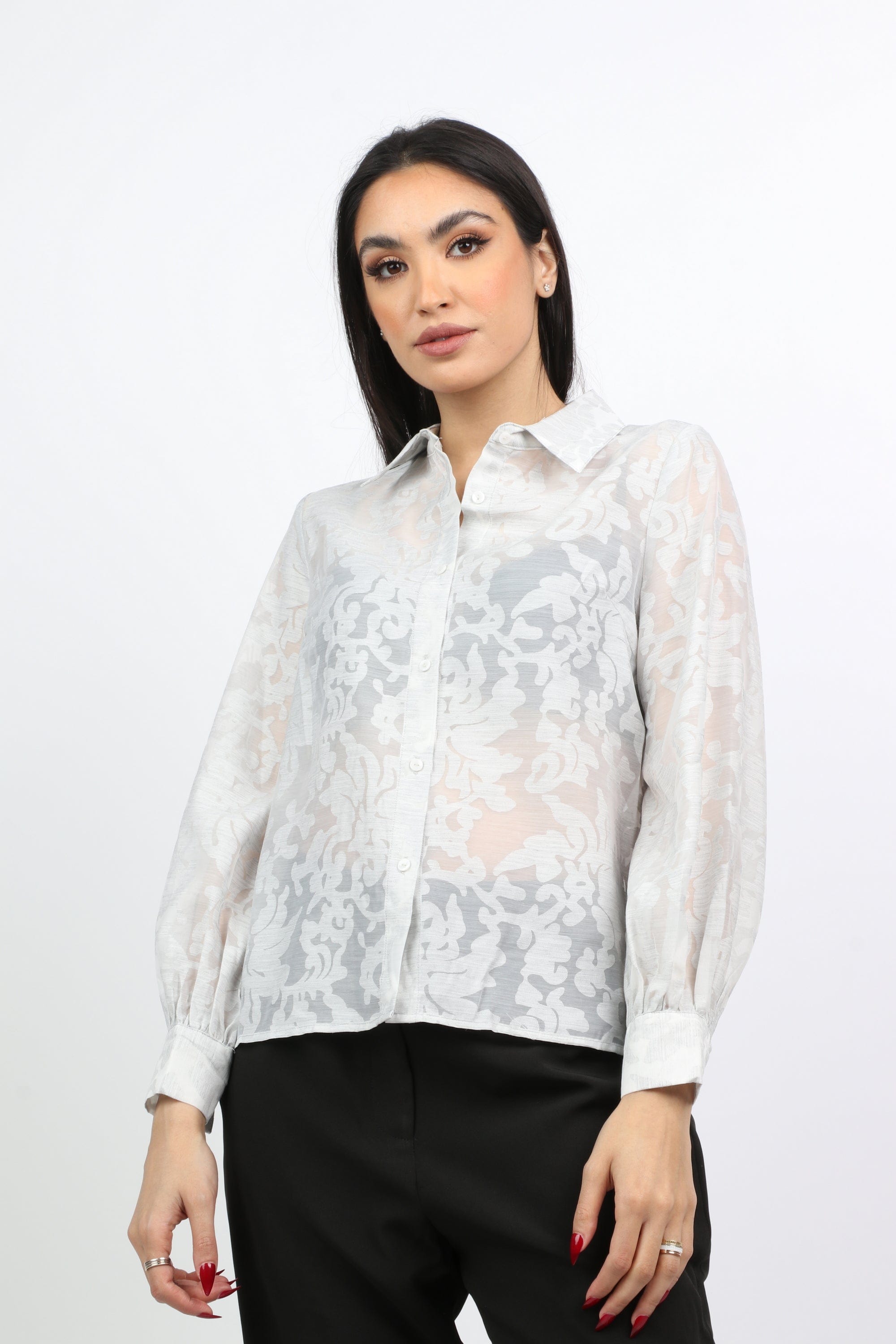 نتشي قميص نسائي شفاف بأكمام منفوخة