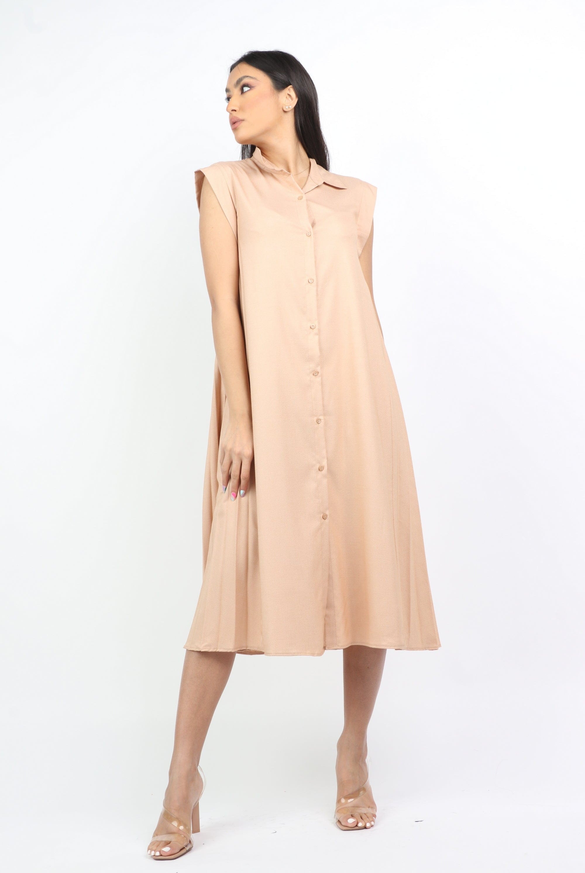 نتشي فستان قصير على شكل قميص سادة بدون أكمام وياقة نسائي