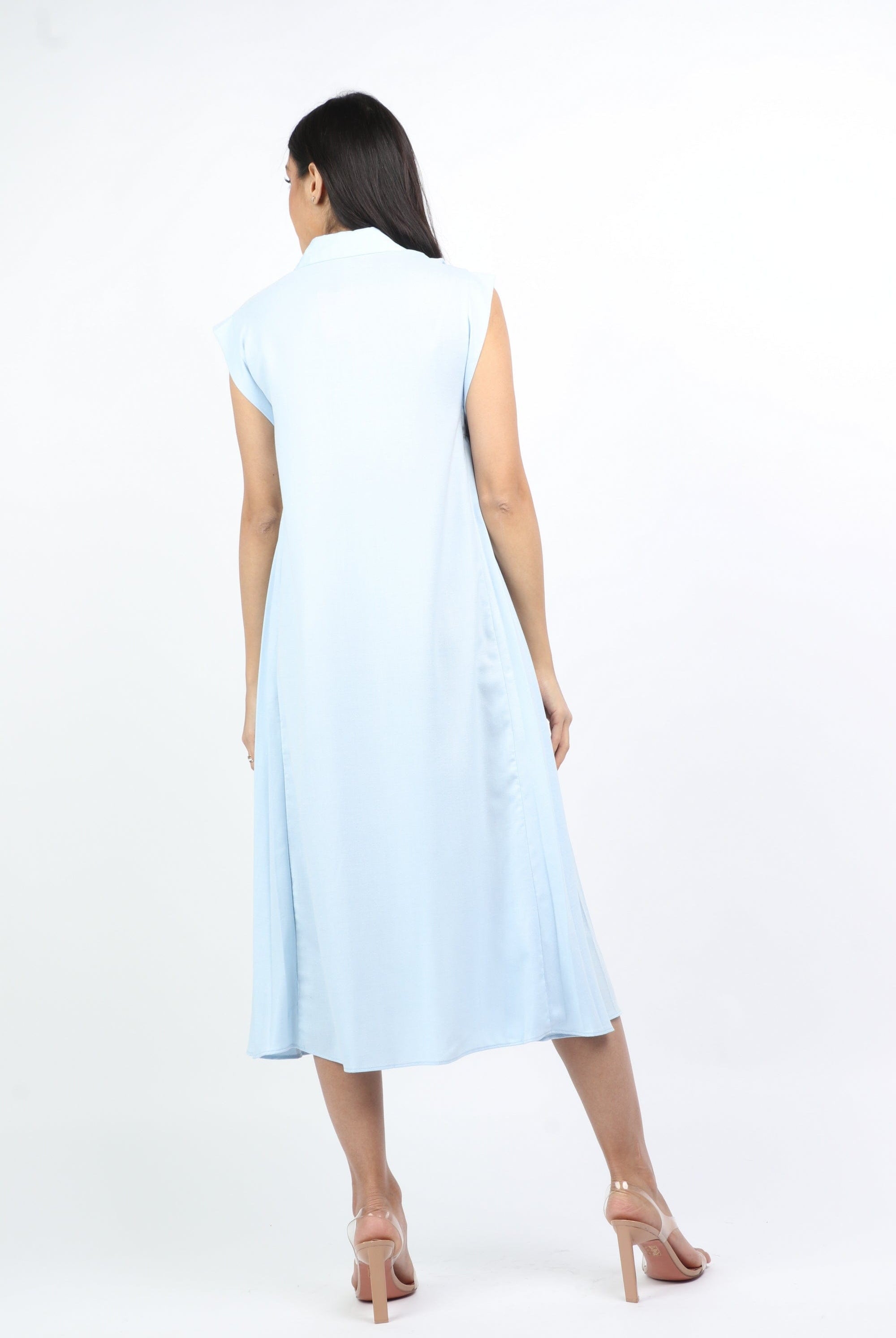 نتشي فستان قصير على شكل قميص سادة بدون أكمام وياقة نسائي