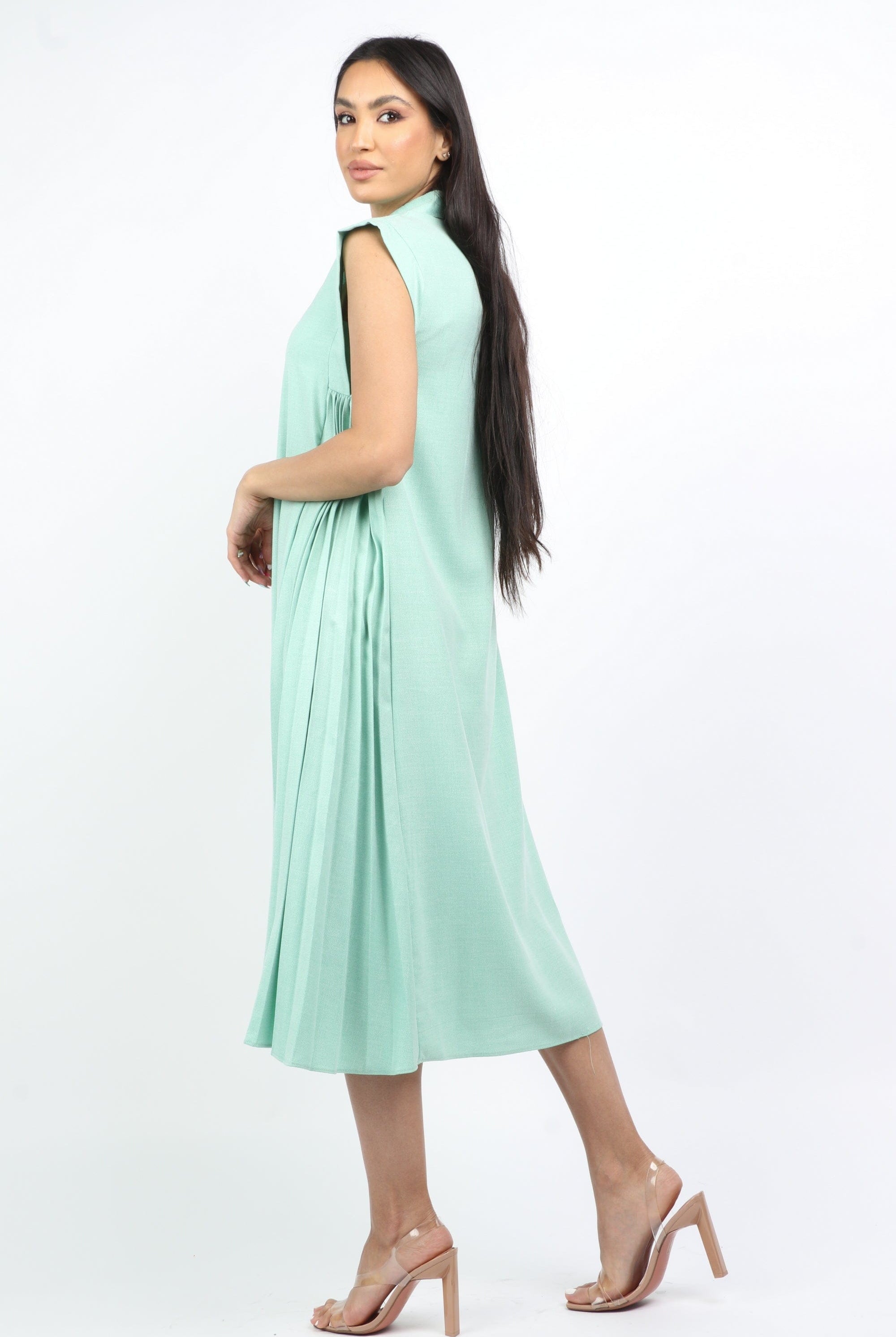 نتشي فستان قصير على شكل قميص سادة بدون أكمام وياقة نسائي