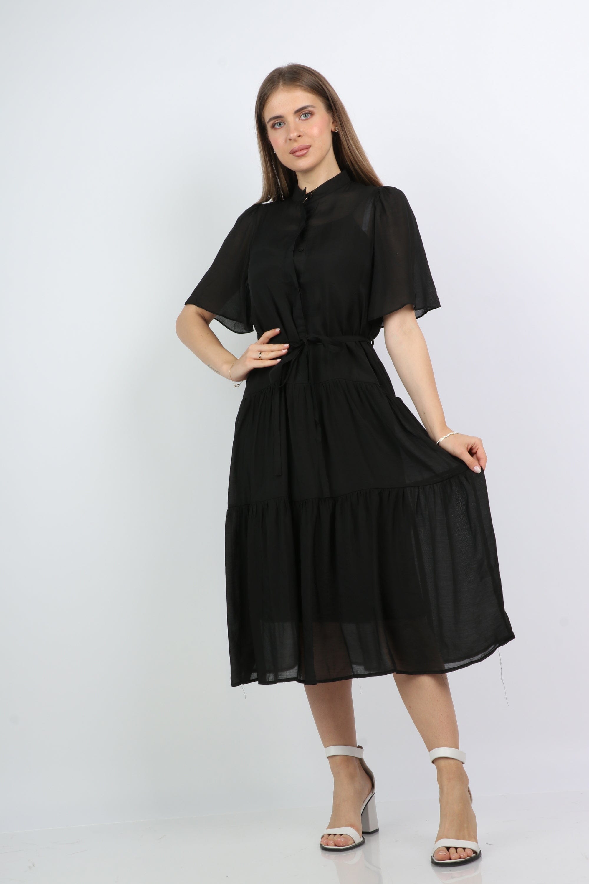 نتشي فستان ميدي واسع شفاف بأزرار أمامية كم فراشة قصير