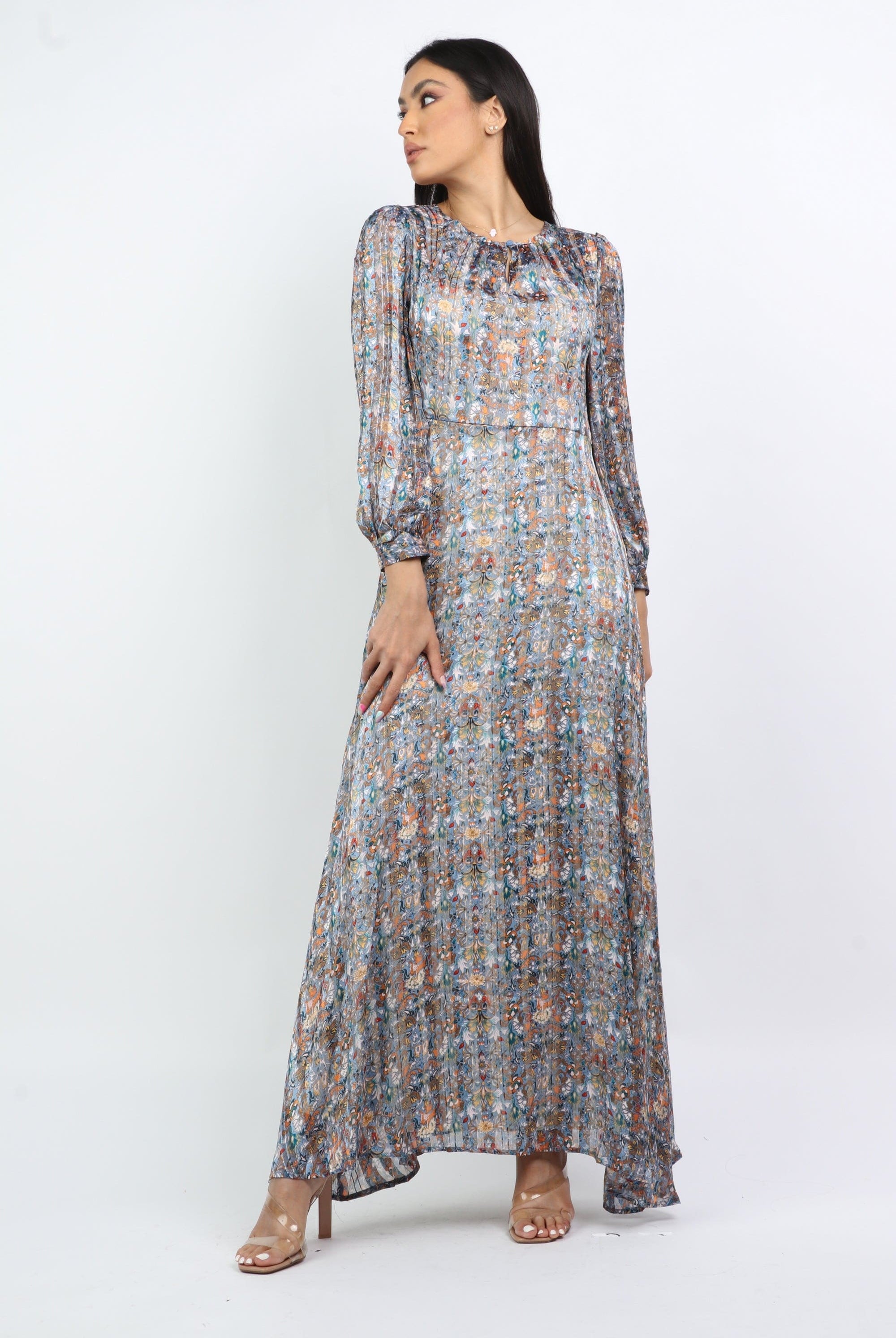 نتشي فستان مشجر طويل بكم طويل واسع