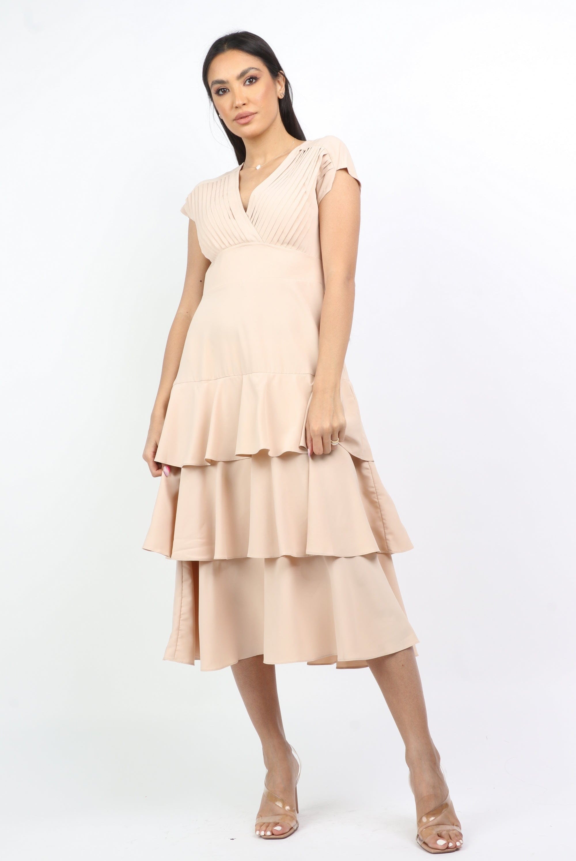 نتشي فستان ميدي مكشكش من الأسفل بيليسيه عند الصدر بدون كم