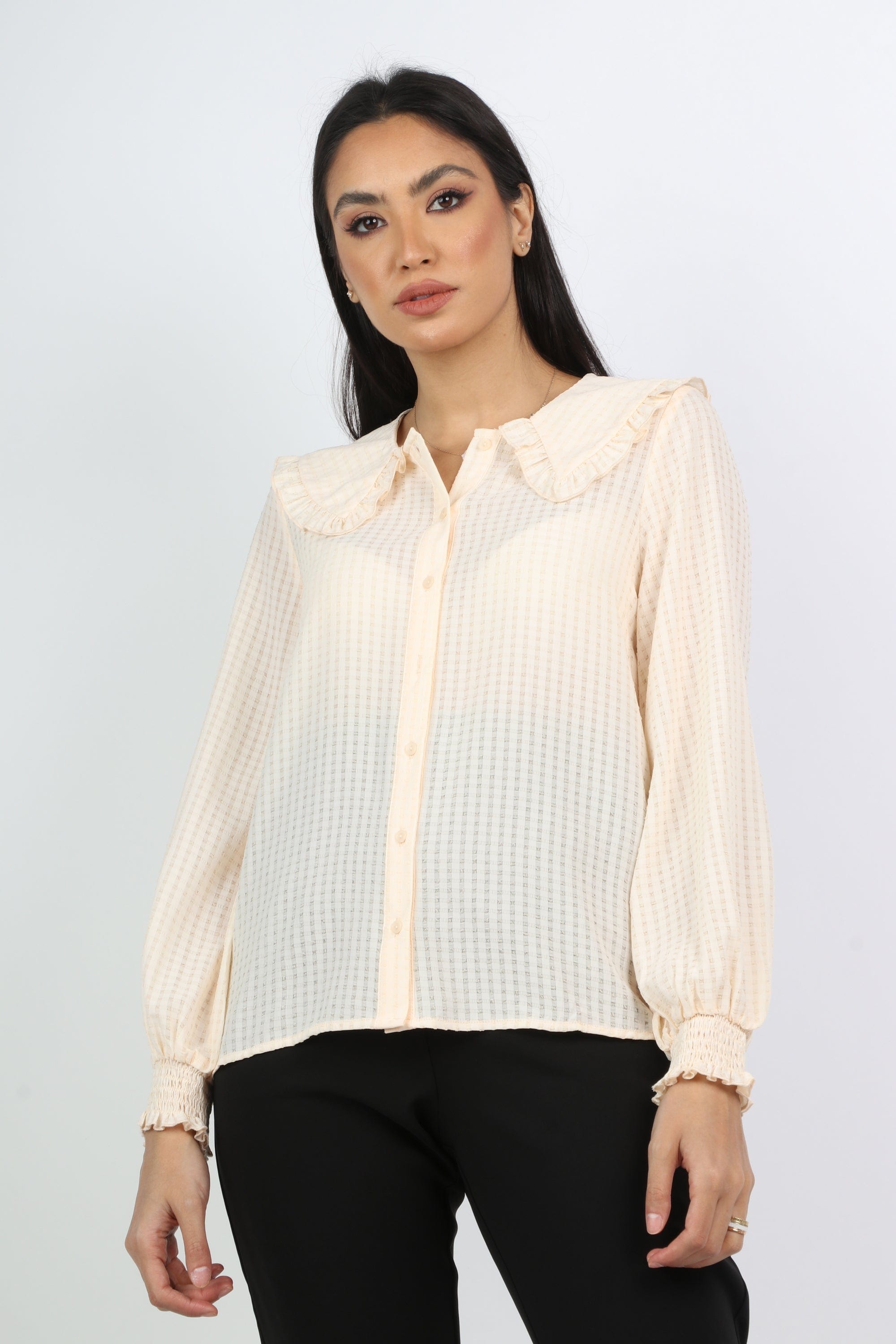 نتشي بلوزة رسمية بأزرار أمامية من طويل أسورة أستيك وياقة كبيرة نسائي