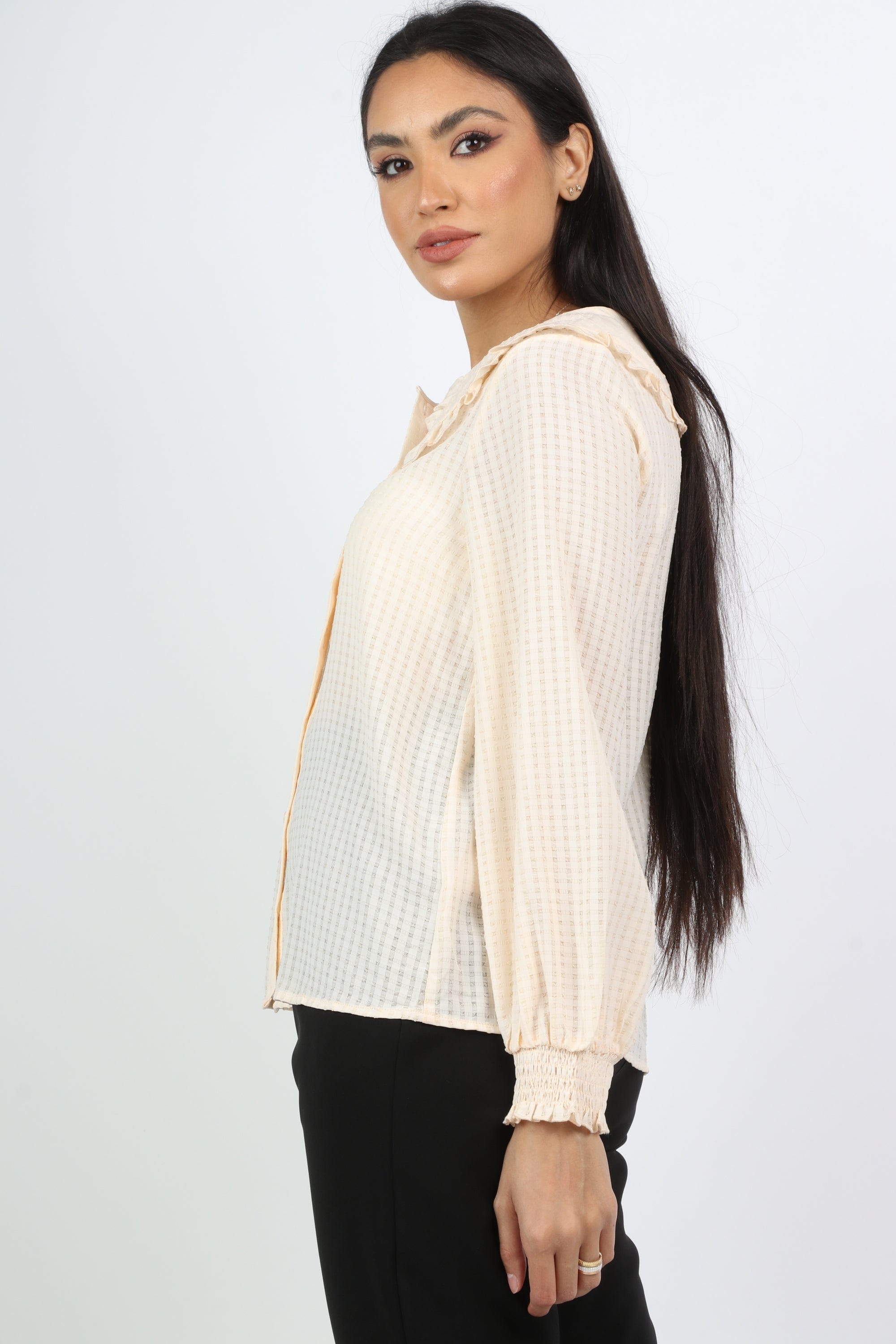 نتشي بلوزة رسمية بأزرار أمامية من طويل أسورة أستيك وياقة كبيرة نسائي