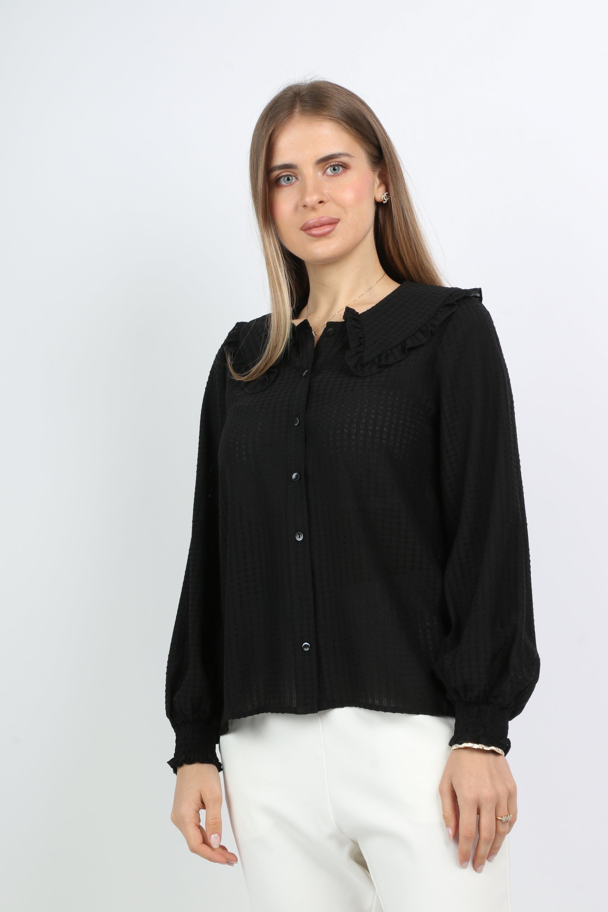 نتشي بلوزة رسمية بأزرار أمامية من طويل أسورة أستيك وياقة كبيرة نسائي