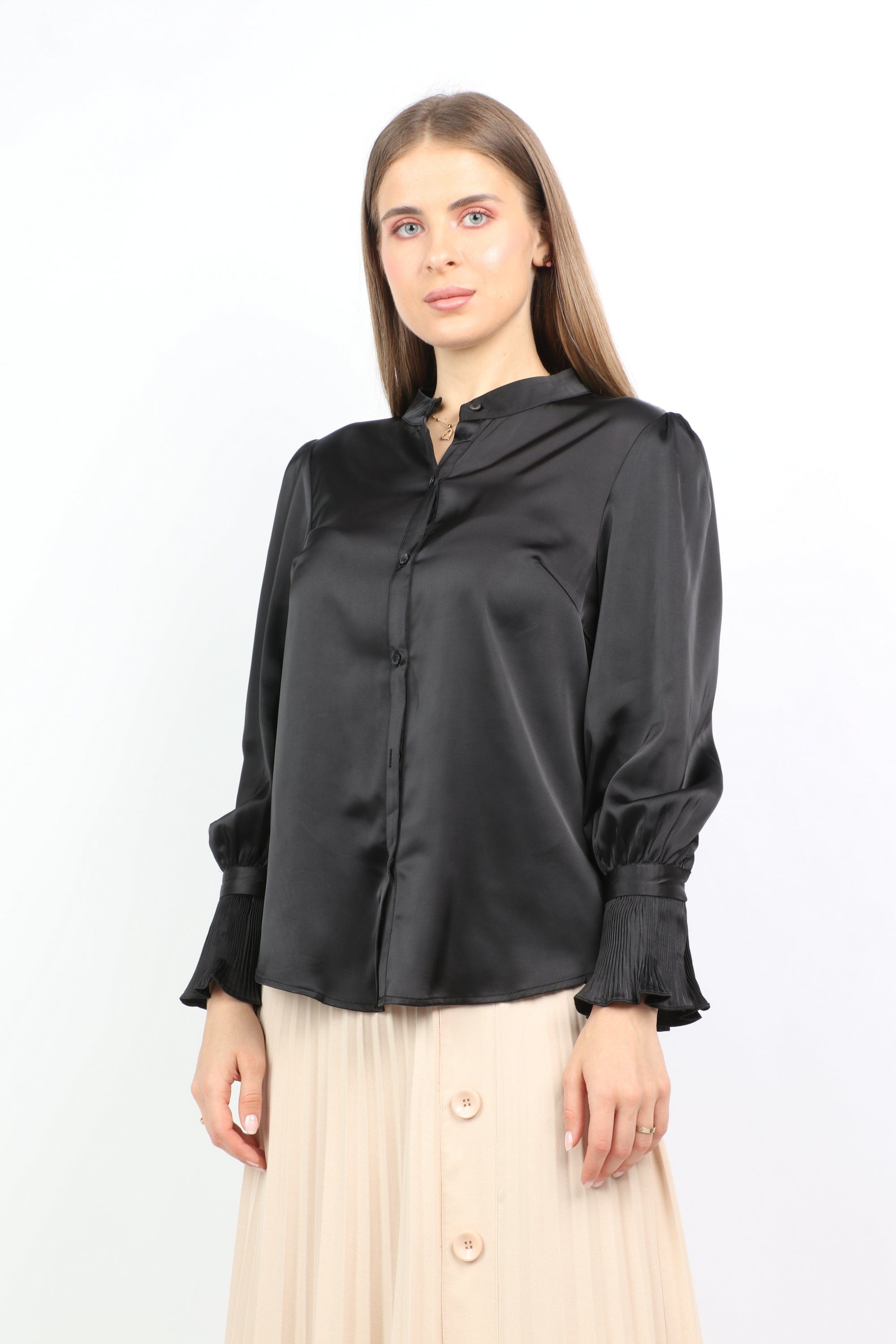 نتشي بلوزة رسمية ستان بأزرار أمامية وياقة كم طويل بأساور نسائي