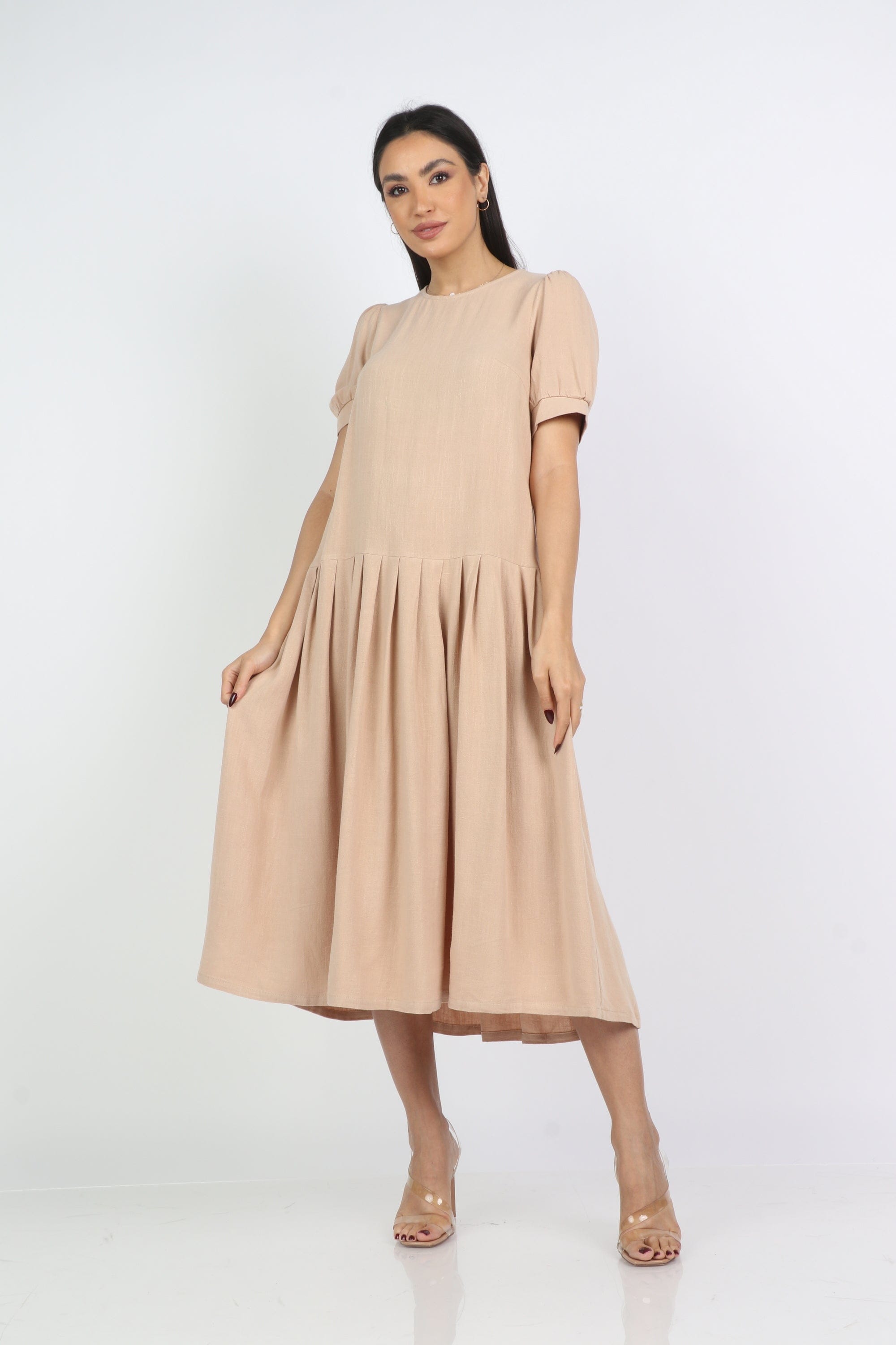 نتشي فستان ميدي كلوش سادة بكم قصير