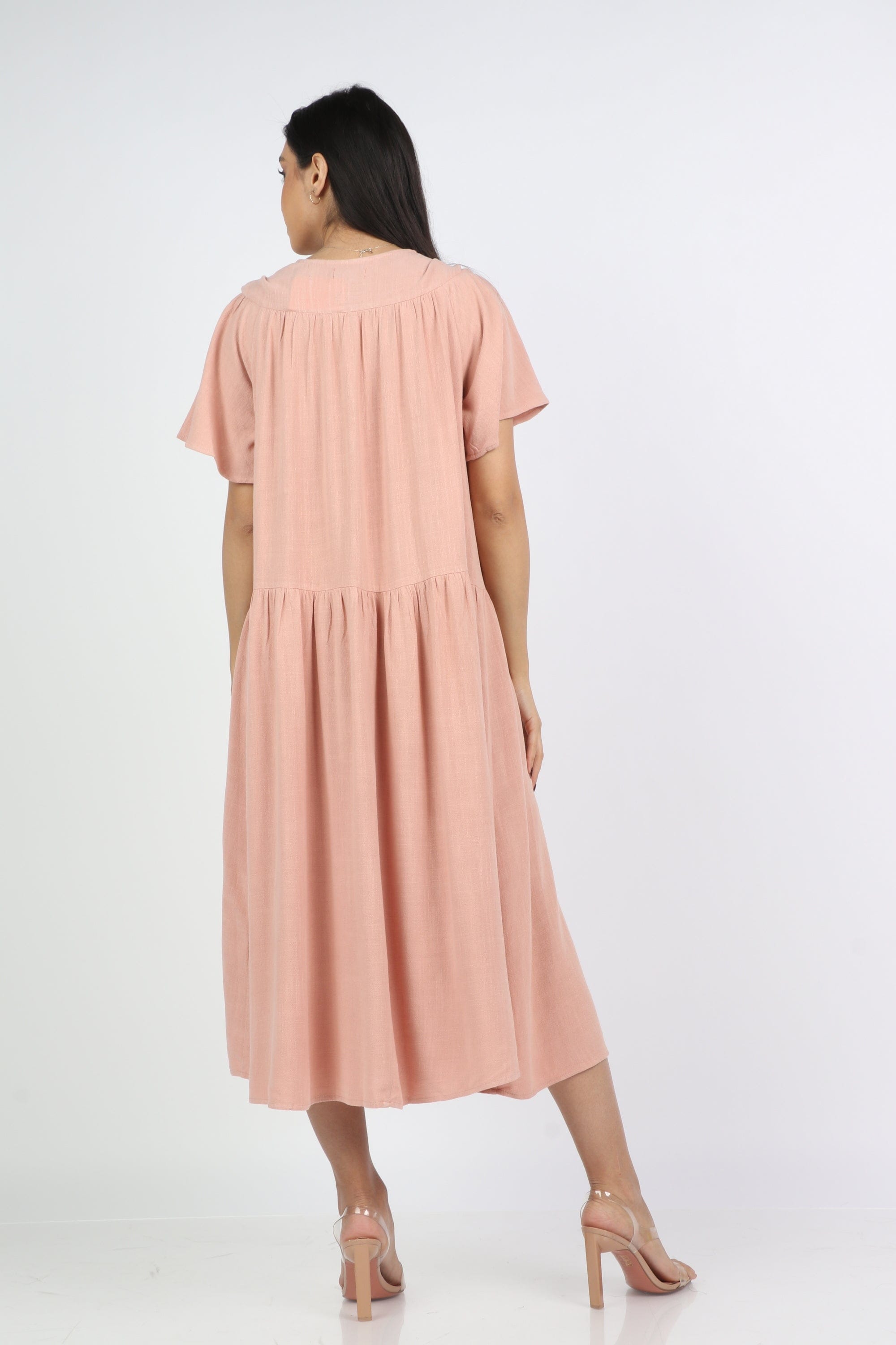 نتشي فستان ميدي سادة كم فراشة قصير