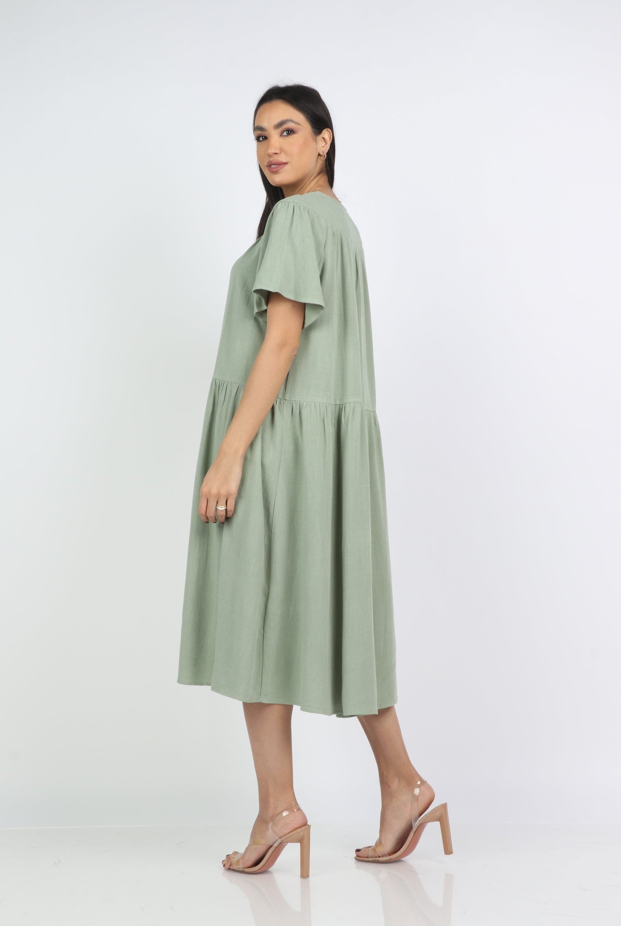 نتشي فستان ميدي سادة كم فراشة قصير