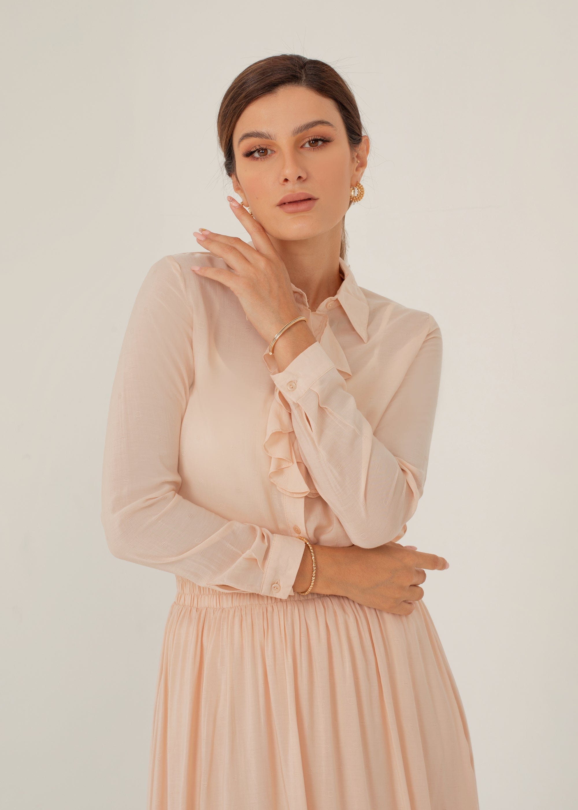 نتشي قميص قصة فرنسي مكشكش كم طويل نسائي