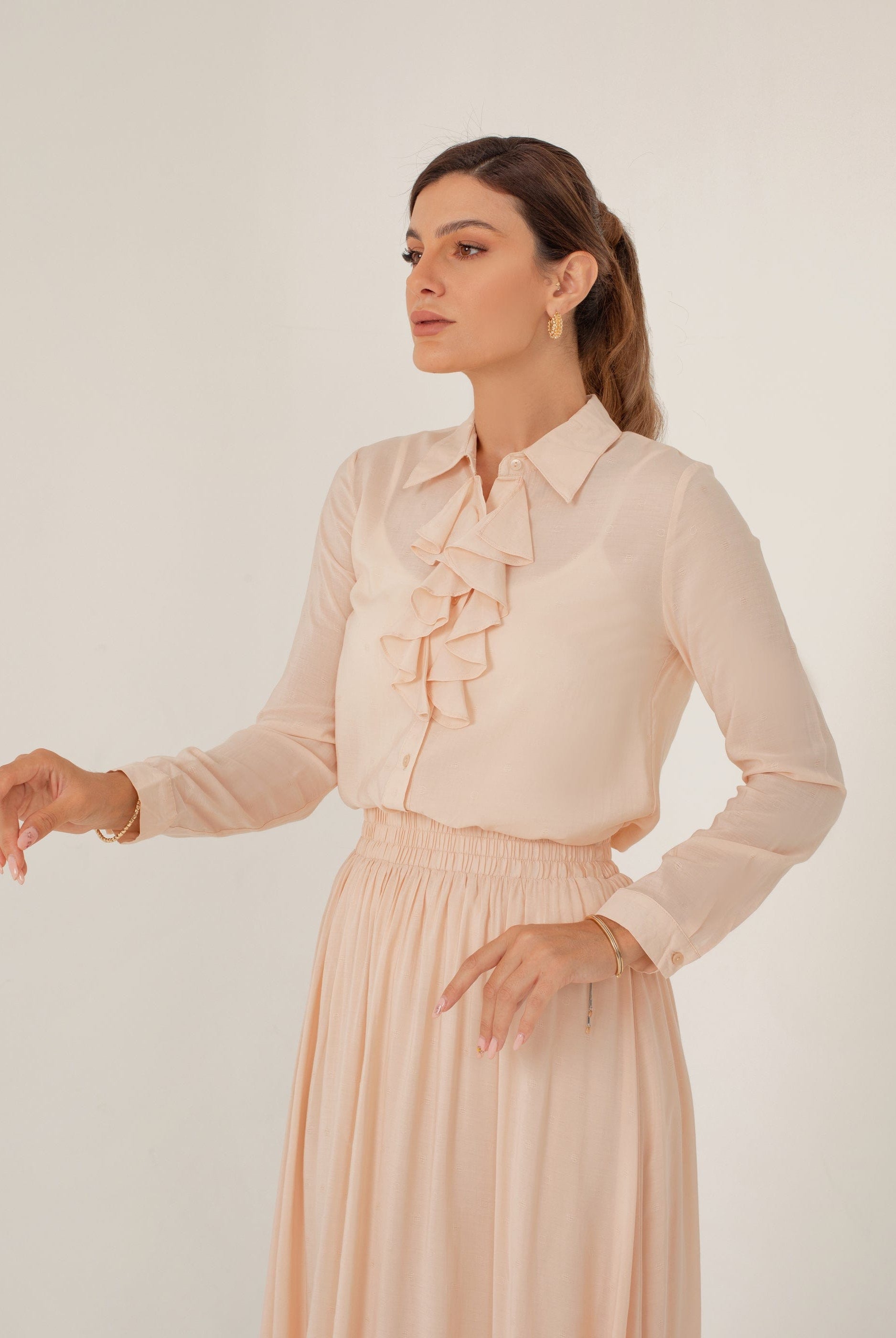 نتشي قميص قصة فرنسي مكشكش كم طويل نسائي