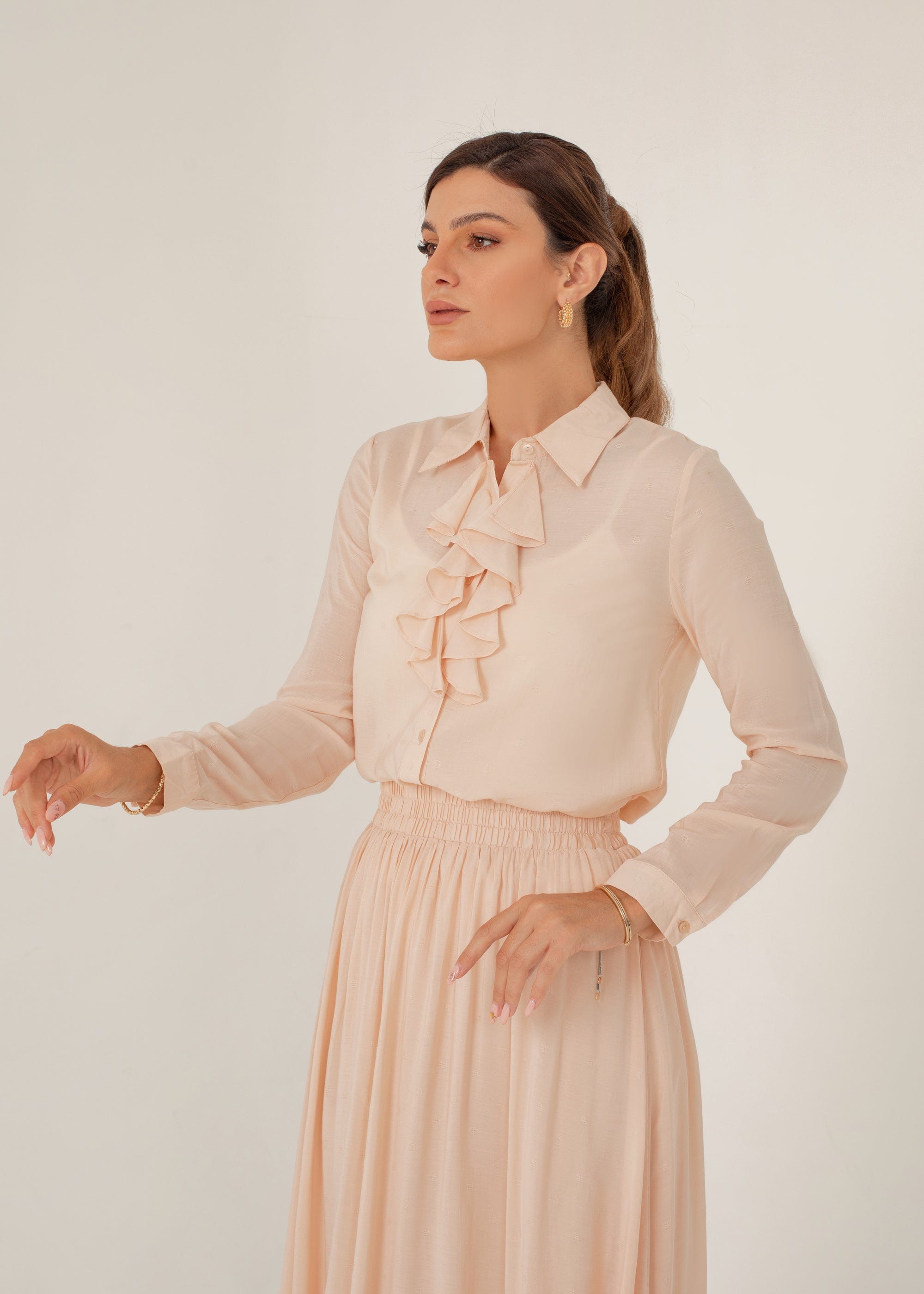 نتشي قميص قصة فرنسي مكشكش كم طويل نسائي