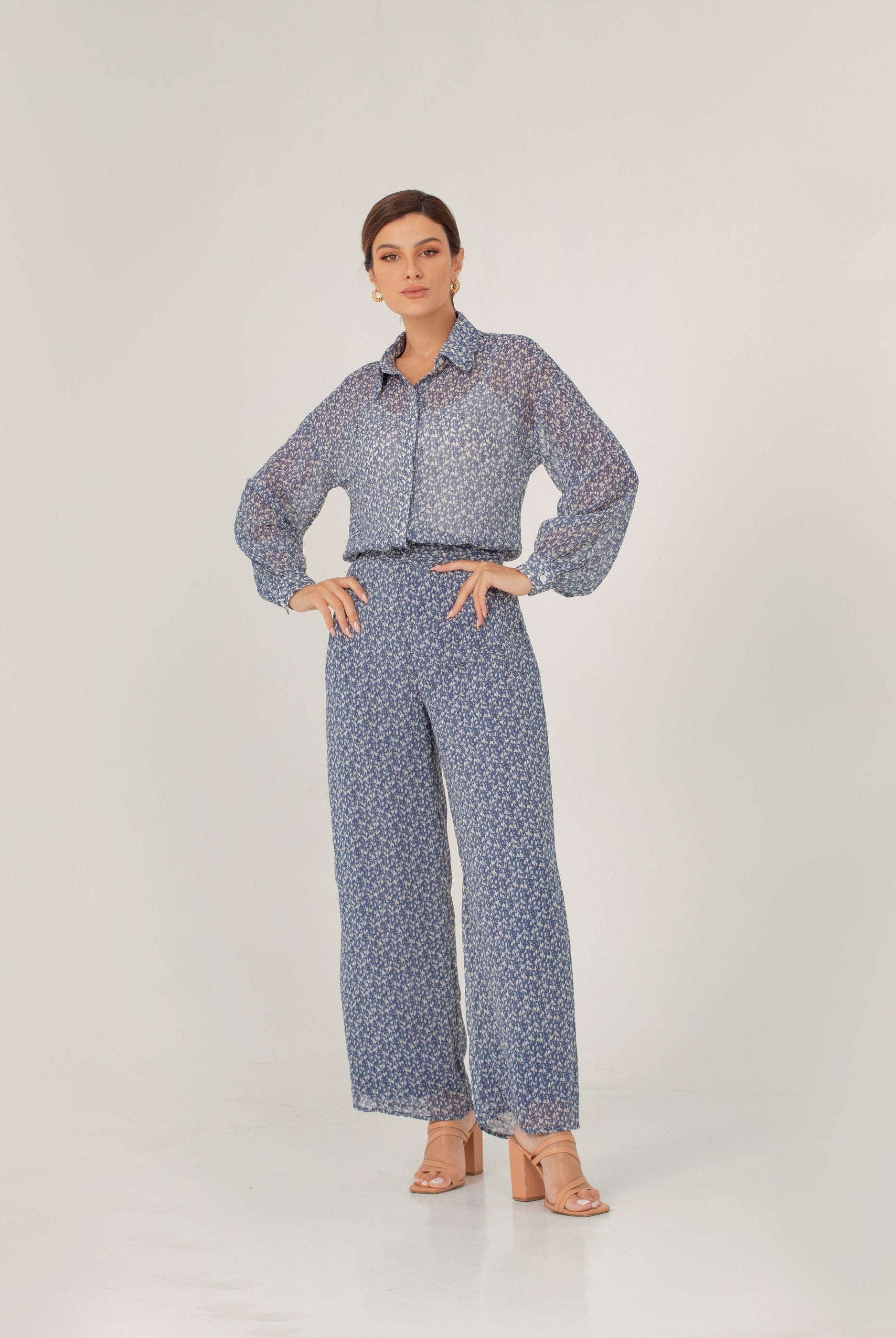 نتشي بنطلون مشجر ناعم هاي ويست واسع طويل نسائي