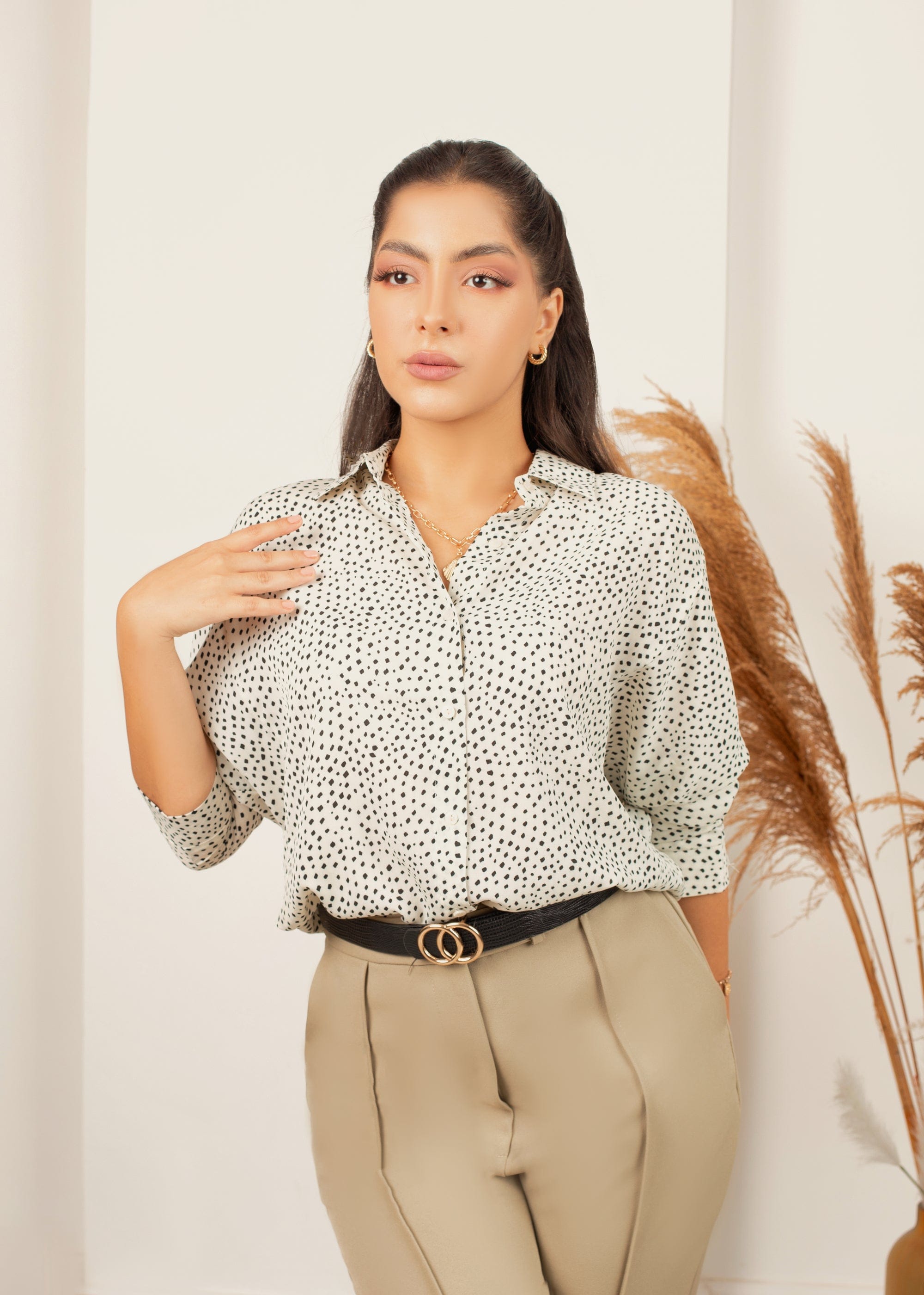 نتشي قميص منقط قصير كم طويل نسائي