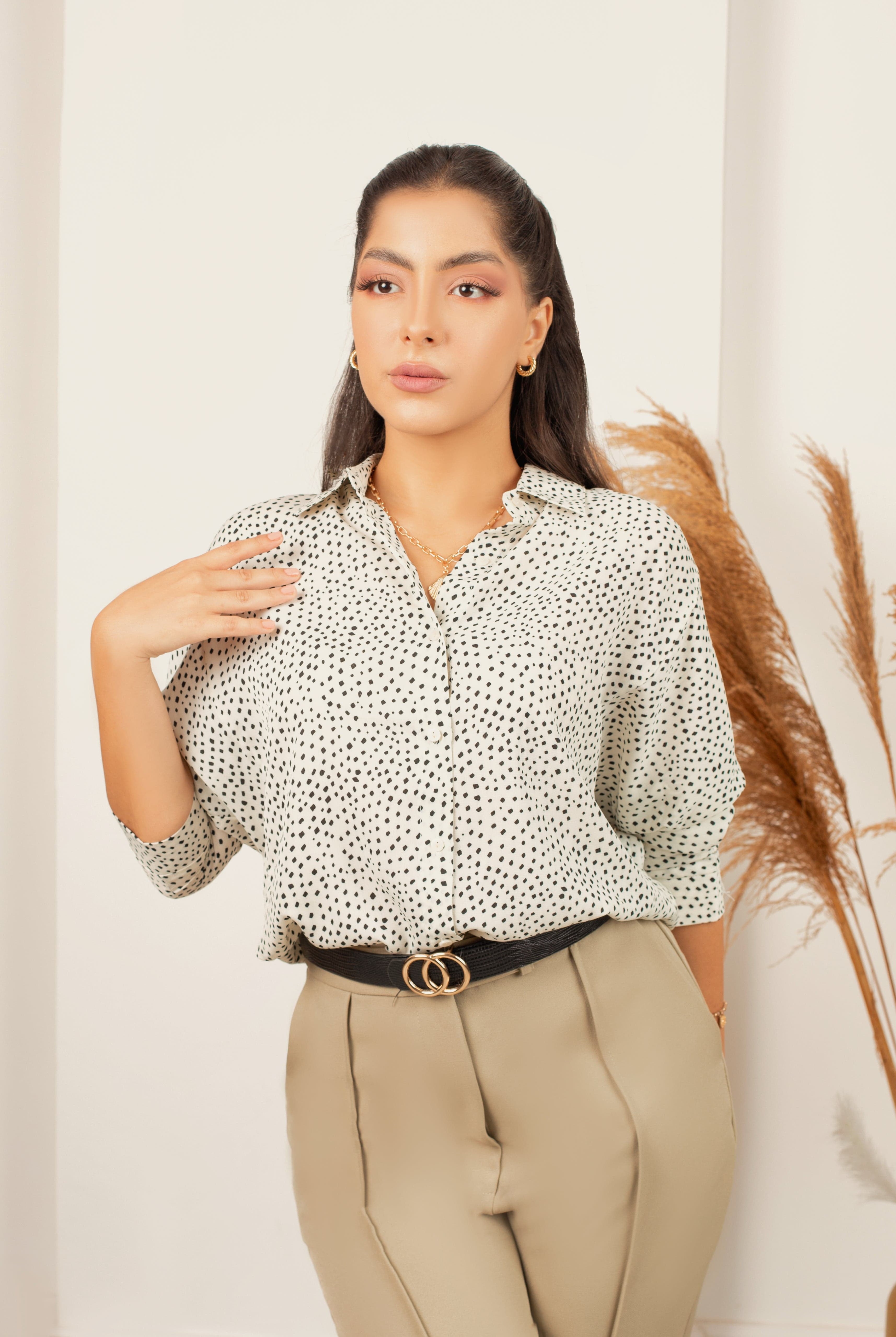 نتشي قميص منقط قصير كم طويل نسائي