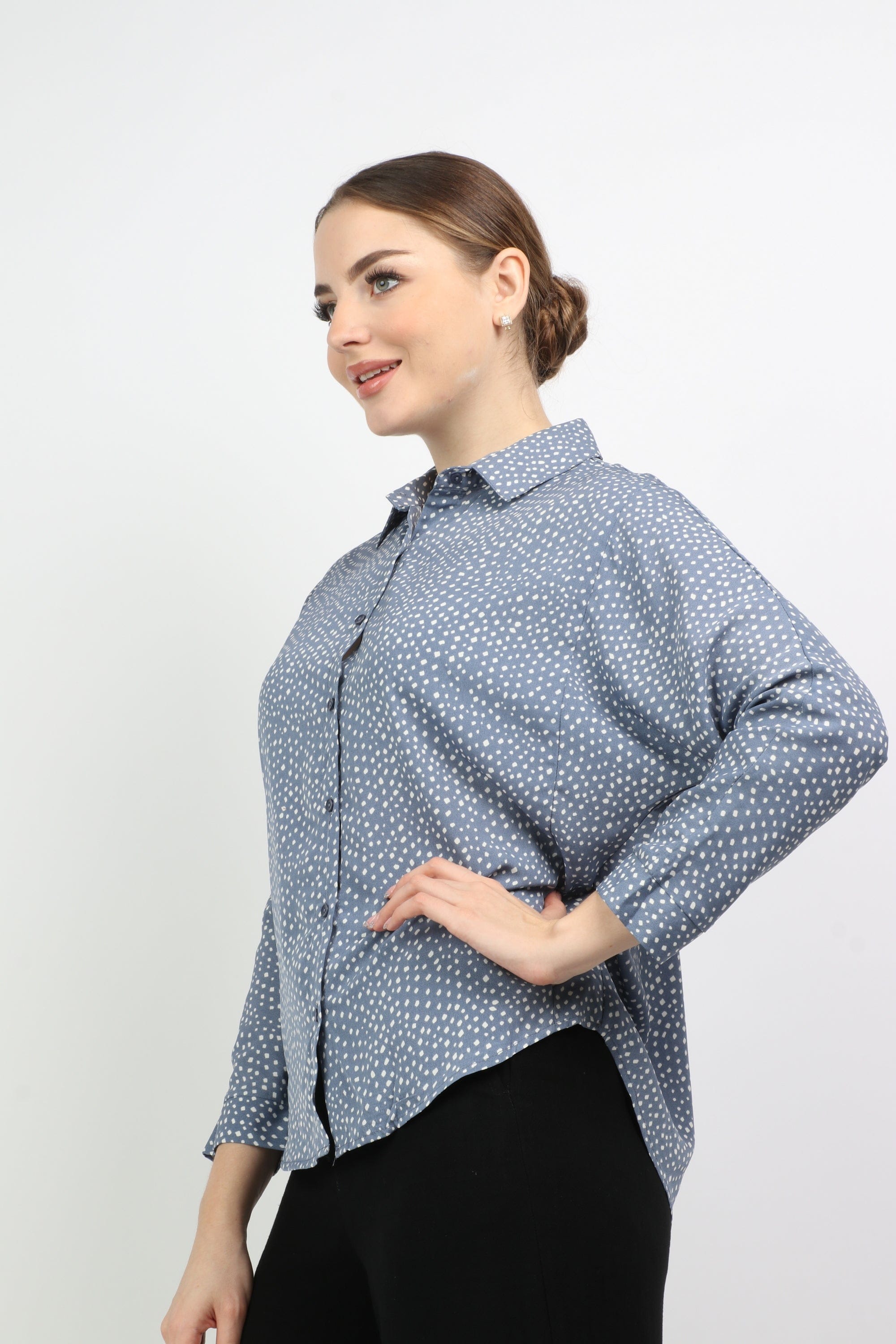 نتشي قميص منقط قصير كم طويل نسائي