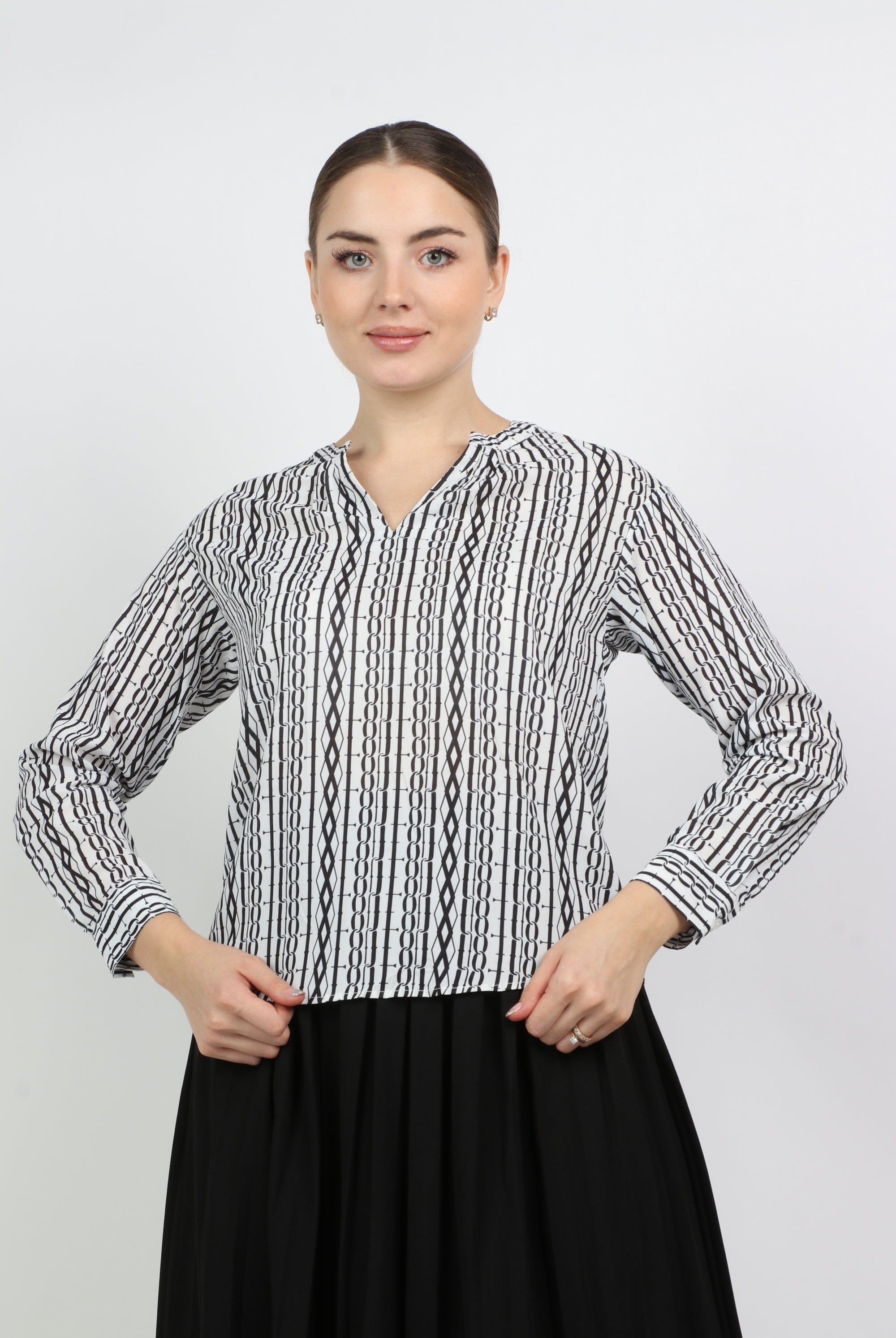 نتشي قميص منقوش بالطول بياقة كم طويل نسائي