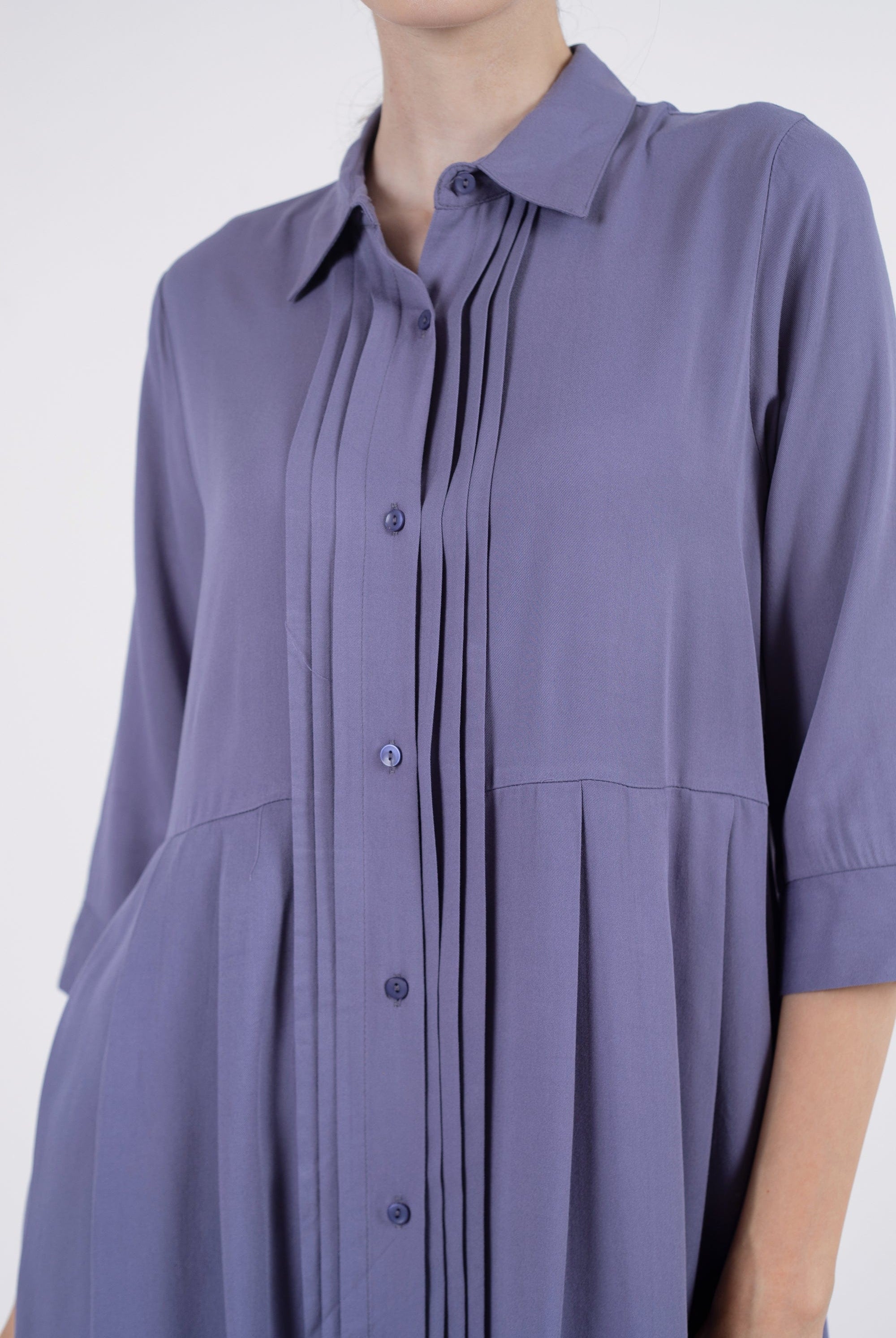 نتشي فستان طويل بياقة أزرار أمامية 3/4 كم سادة نسائي