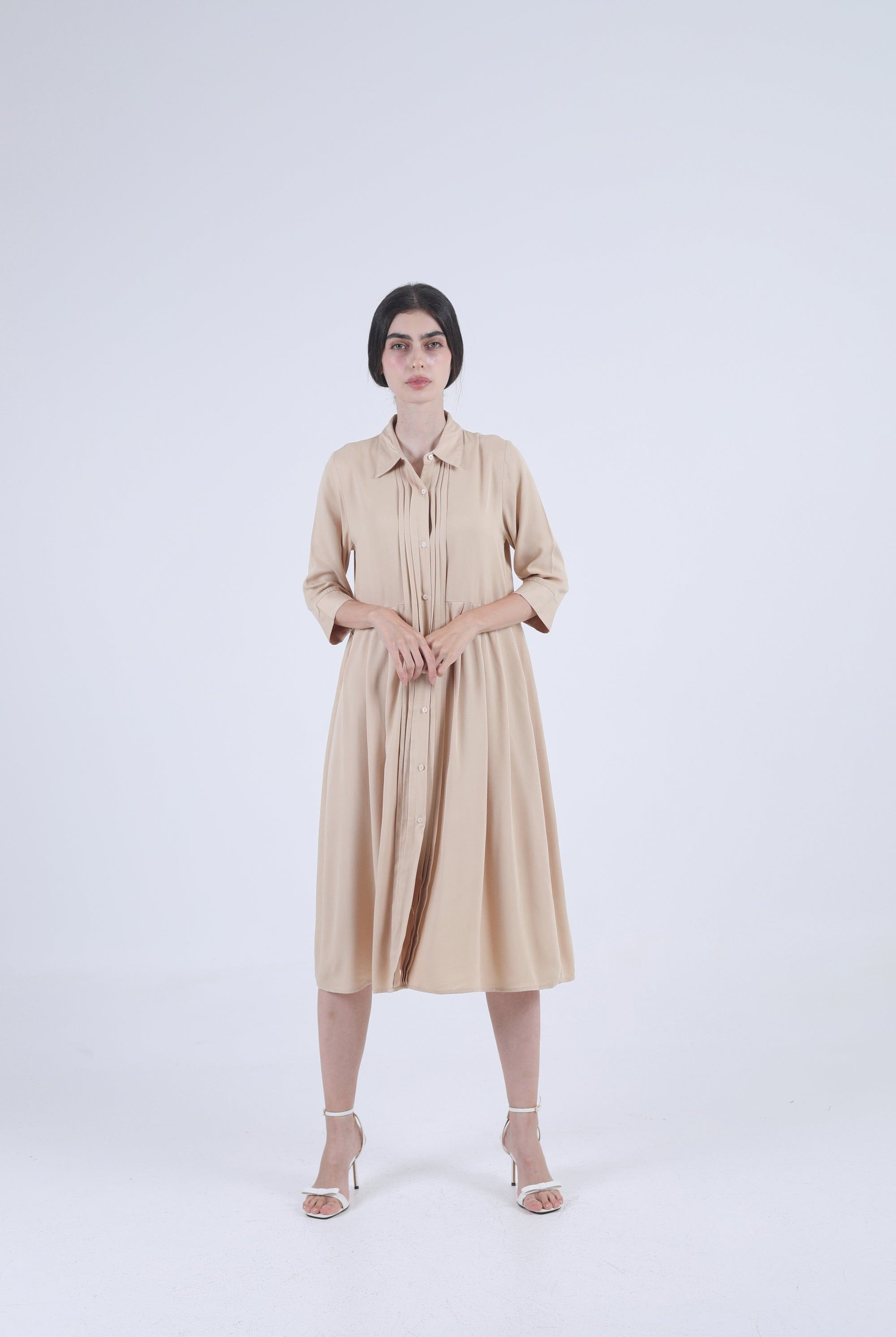 نتشي فستان طويل بياقة أزرار أمامية 3/4 كم سادة نسائي