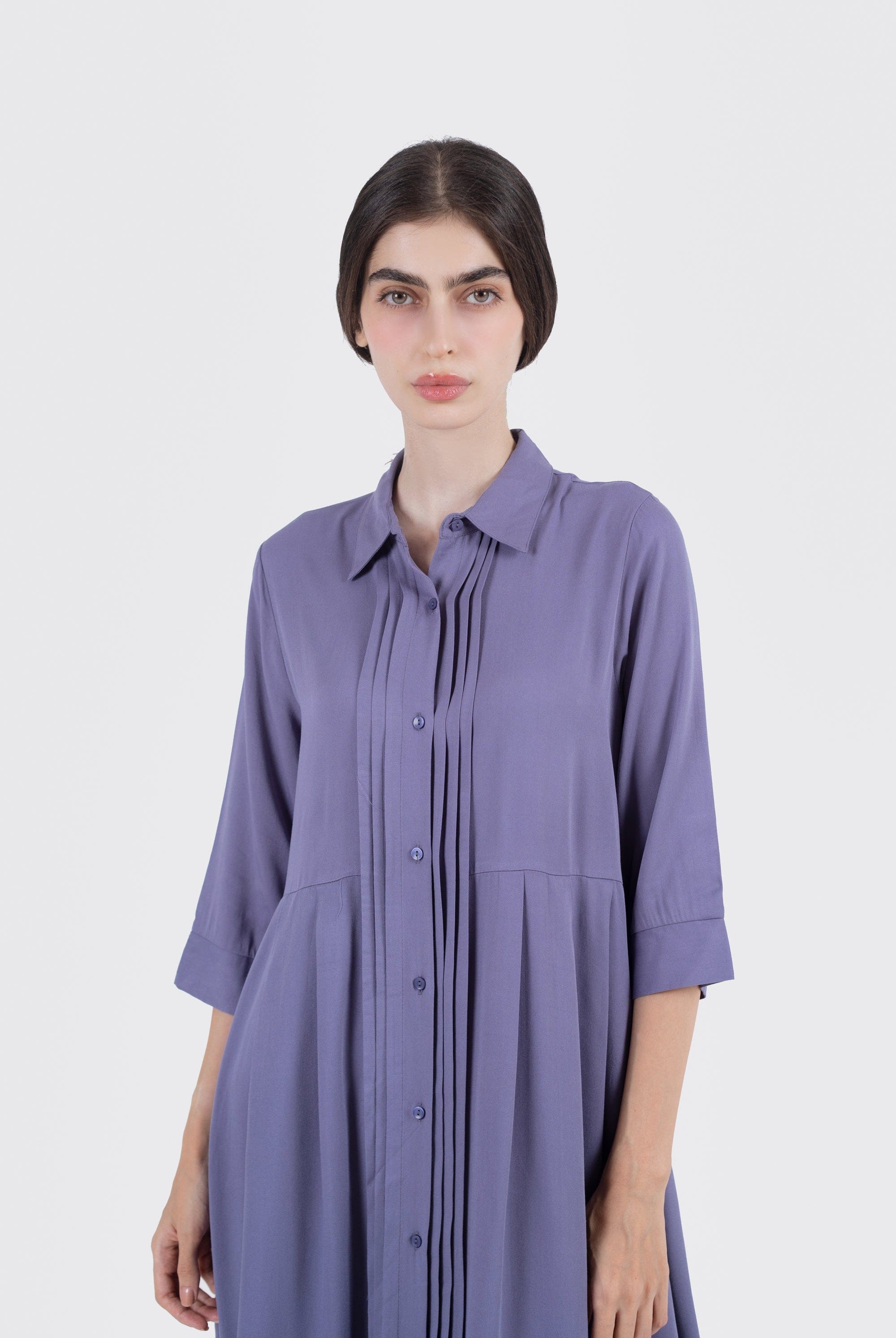 نتشي فستان طويل بياقة أزرار أمامية 3/4 كم سادة نسائي