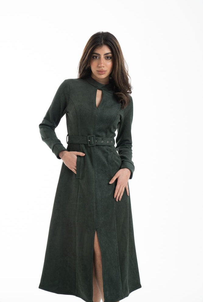 نتشي فستان ميدي بأكمام طويلة مفتوح من الأمام بحزام خصر