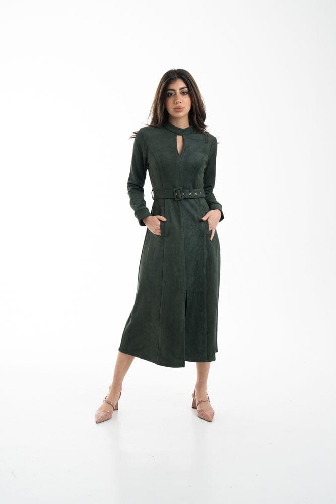 نتشي فستان ميدي بأكمام طويلة مفتوح من الأمام بحزام خصر