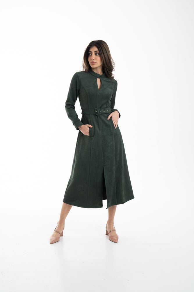 نتشي فستان ميدي بأكمام طويلة مفتوح من الأمام بحزام خصر