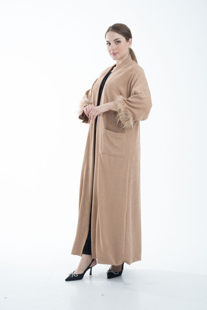 نتشي بالطو نسائي بأكمام طويلة مزين بفرو وجيوب أمامية