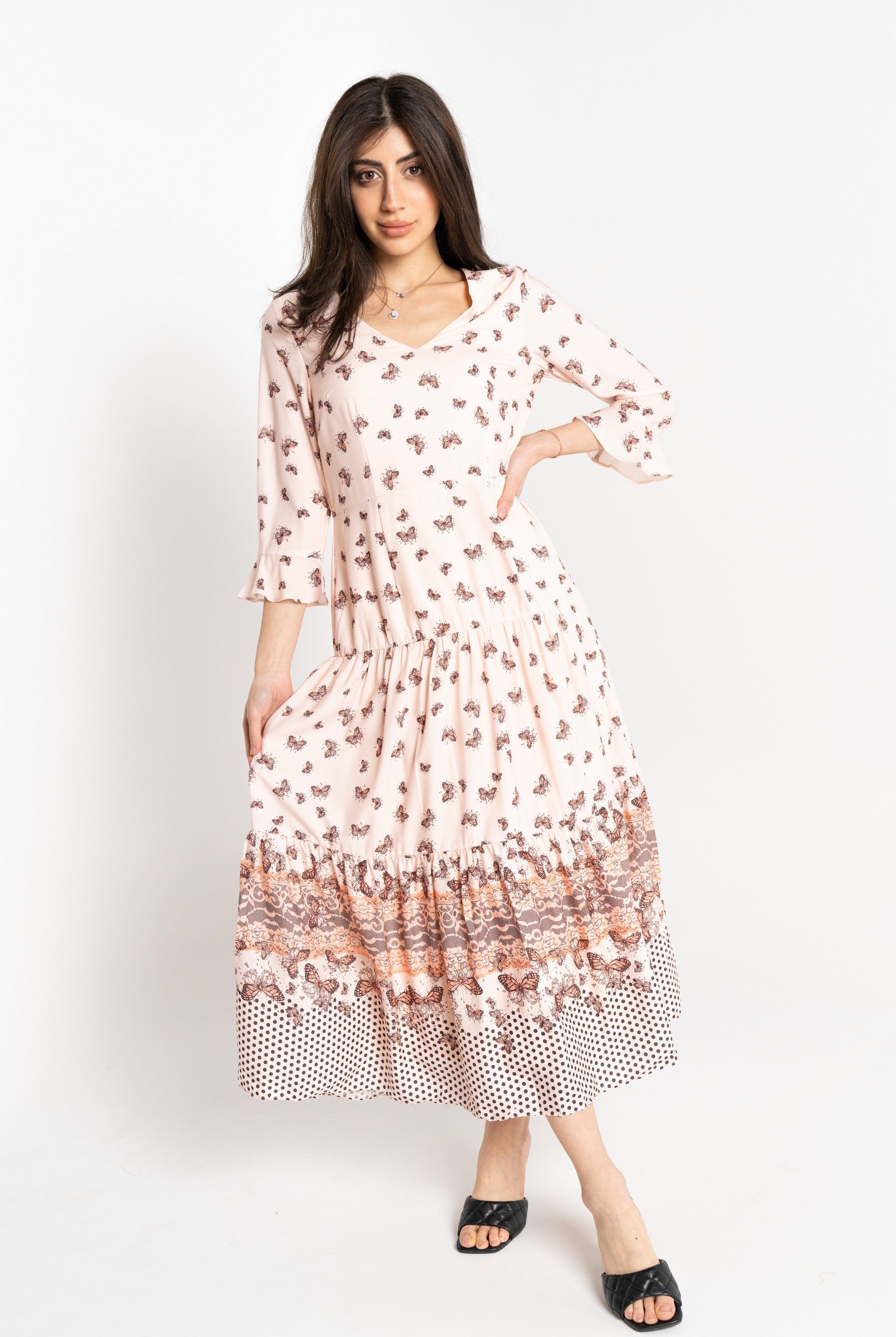 نتشي فستان ميدي بنقشة فراشات 3/4 كم نسائي