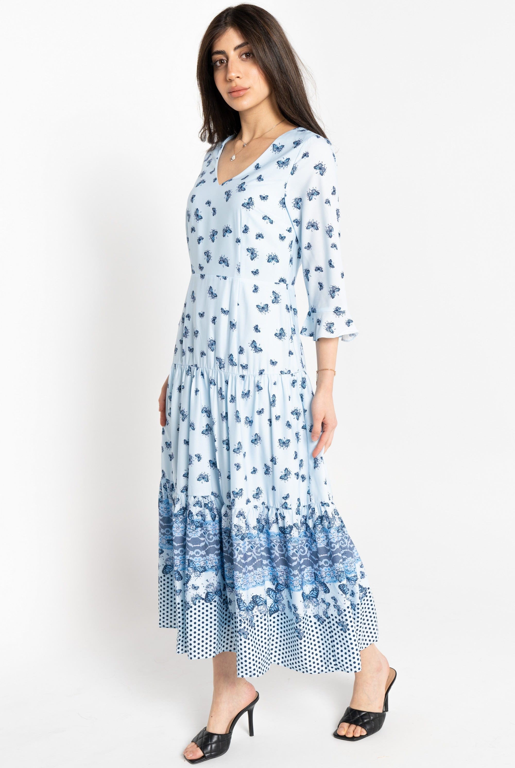 نتشي فستان ميدي بنقشة فراشات 3/4 كم نسائي