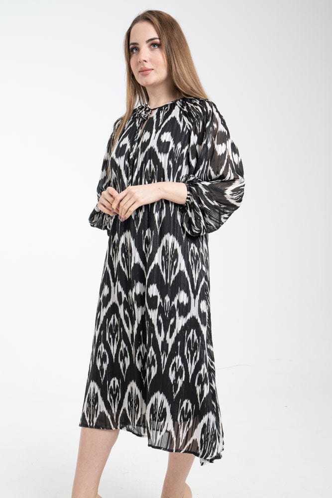 نتشي فستان ميدي نسائي بأكمام طويلة مشجر