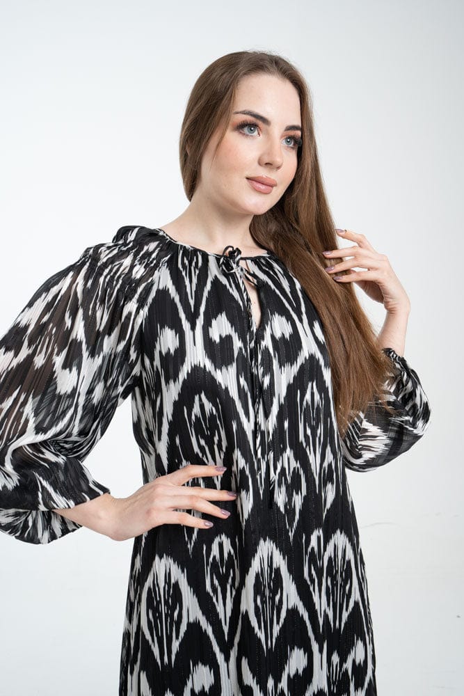 نتشي فستان ميدي نسائي بأكمام طويلة مشجر