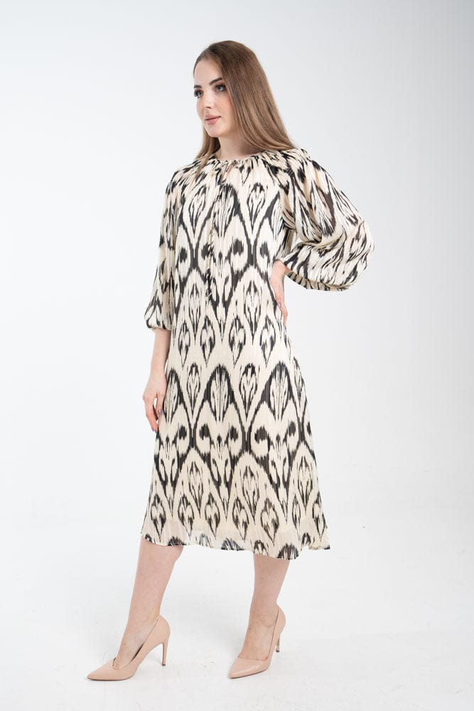 نتشي فستان ميدي نسائي بأكمام طويلة مشجر