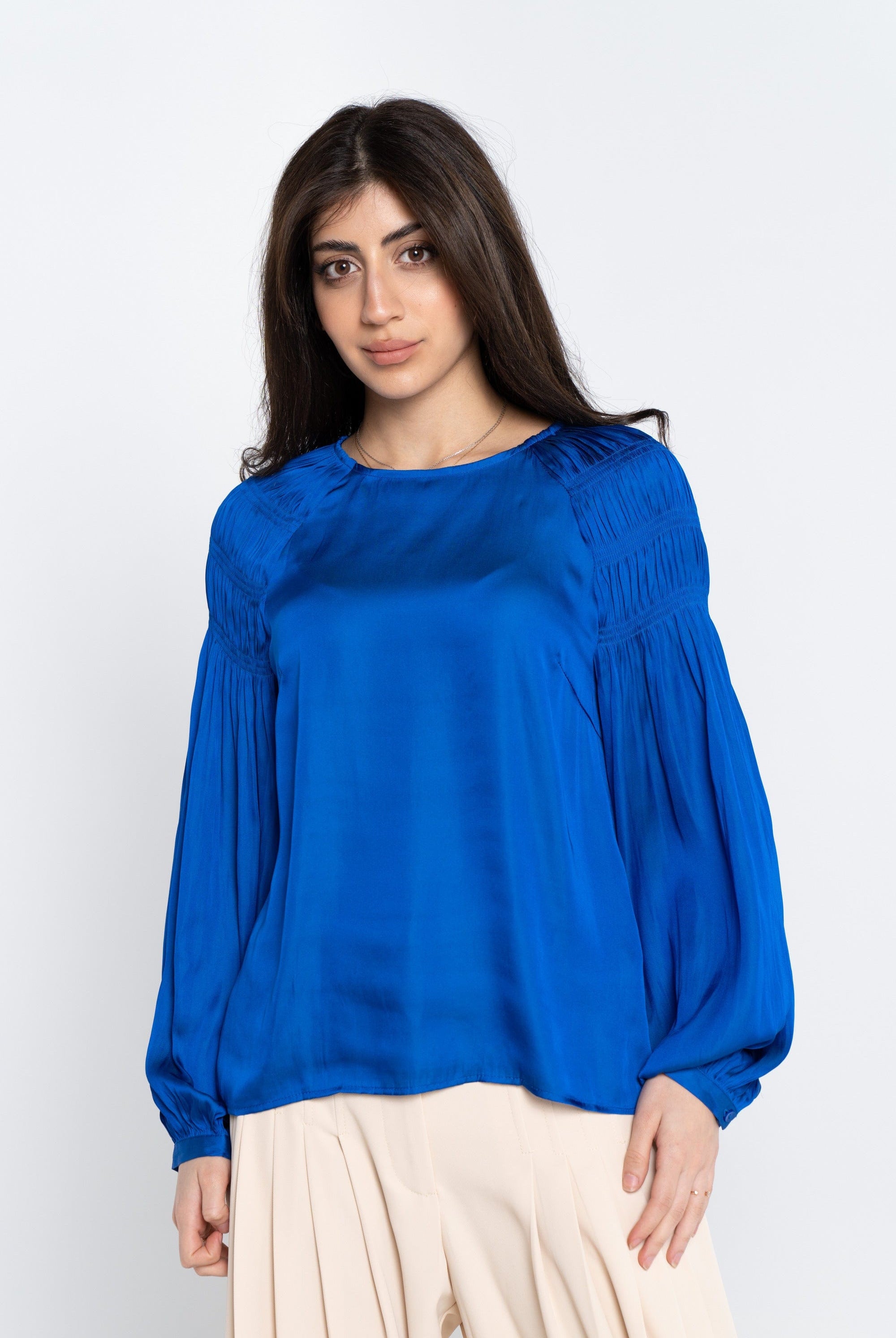 نتشي بلوزة سادة أكمام طويلة بف مكشكشة من الأكتاف نسائي