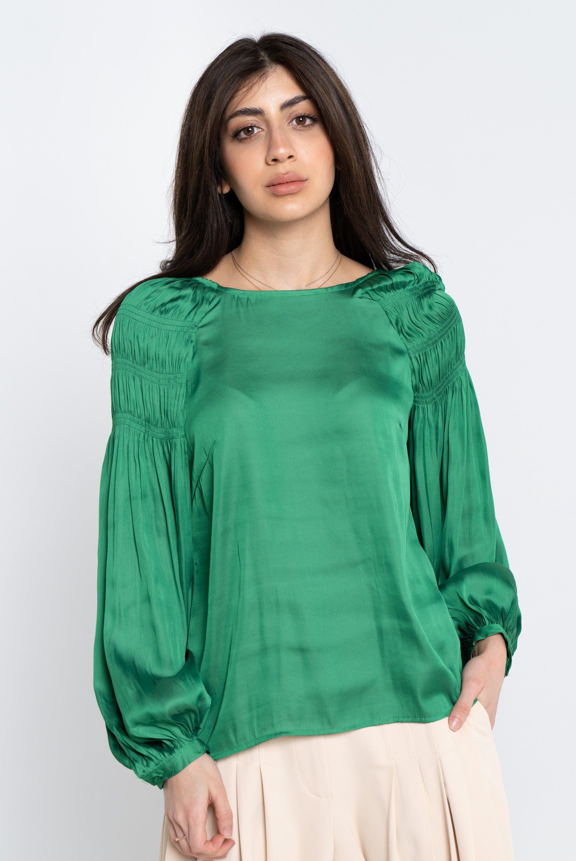 نتشي بلوزة سادة أكمام طويلة بف مكشكشة من الأكتاف نسائي