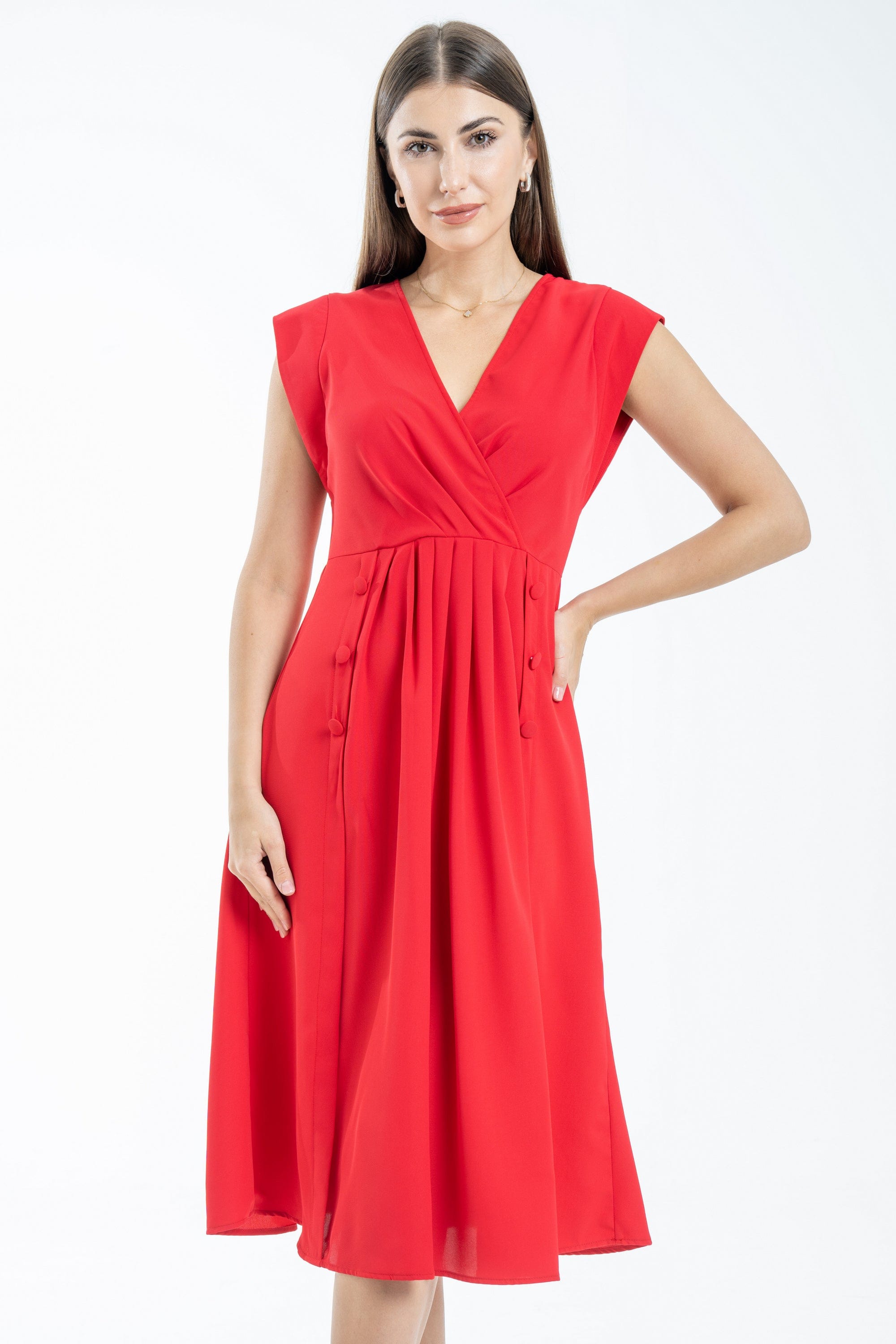 نتشي فستان ميدي بفتحة صدر سبعة لف وأكمام قصيرة