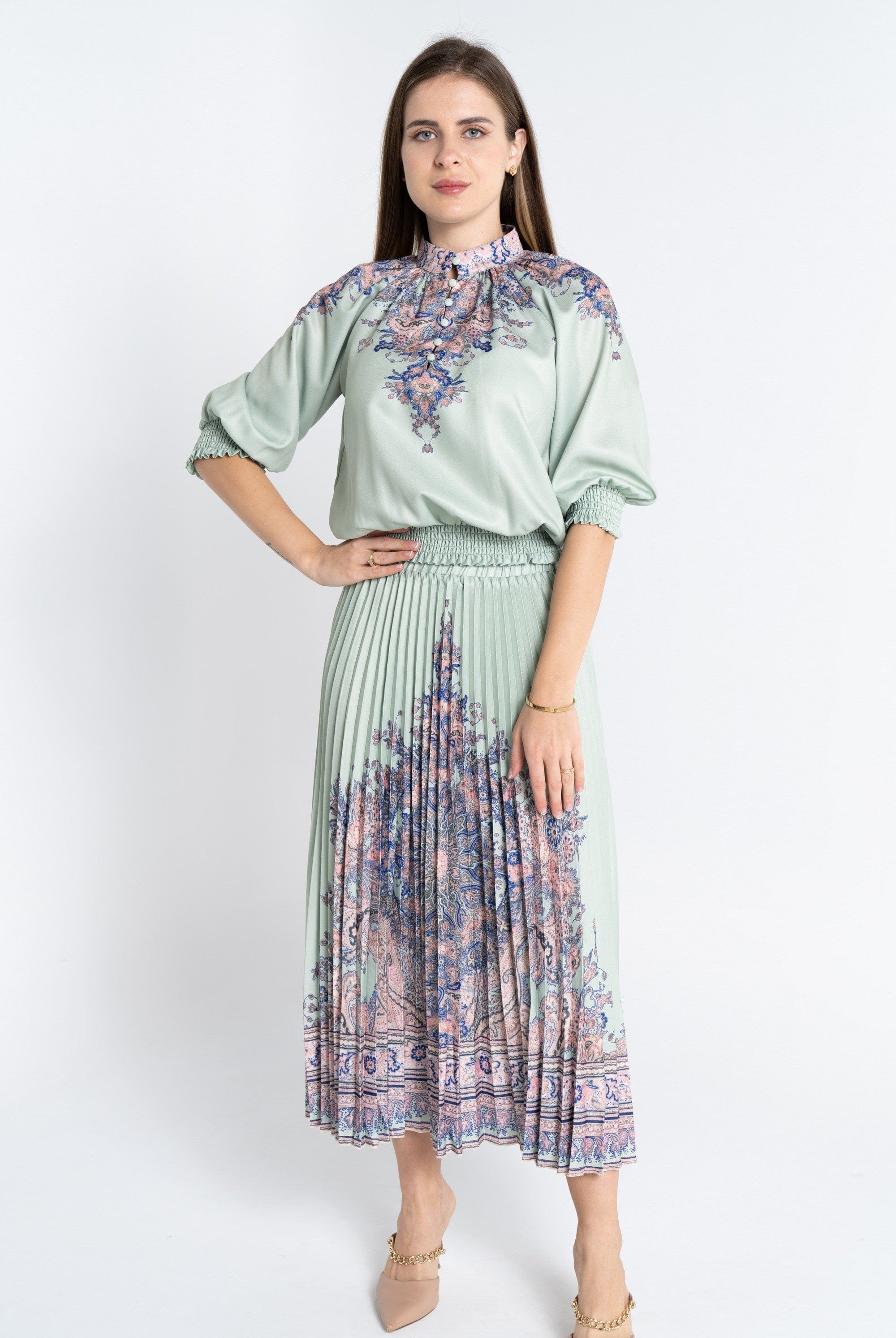 نتشي تنورة ميدي بليسيه منقوشة من أسفل نسائي