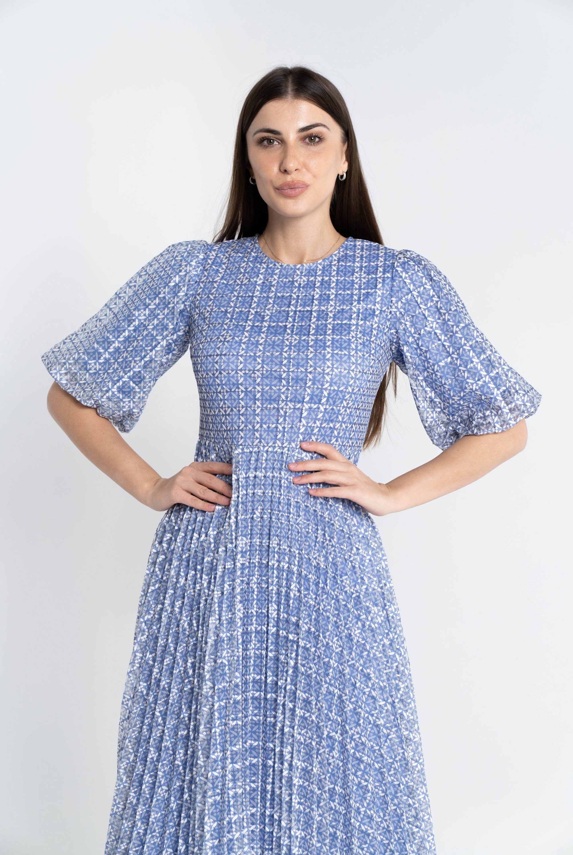 نتشي فستان ميدي منقوش على شكل مربعات مخصر كم قصير نسائي