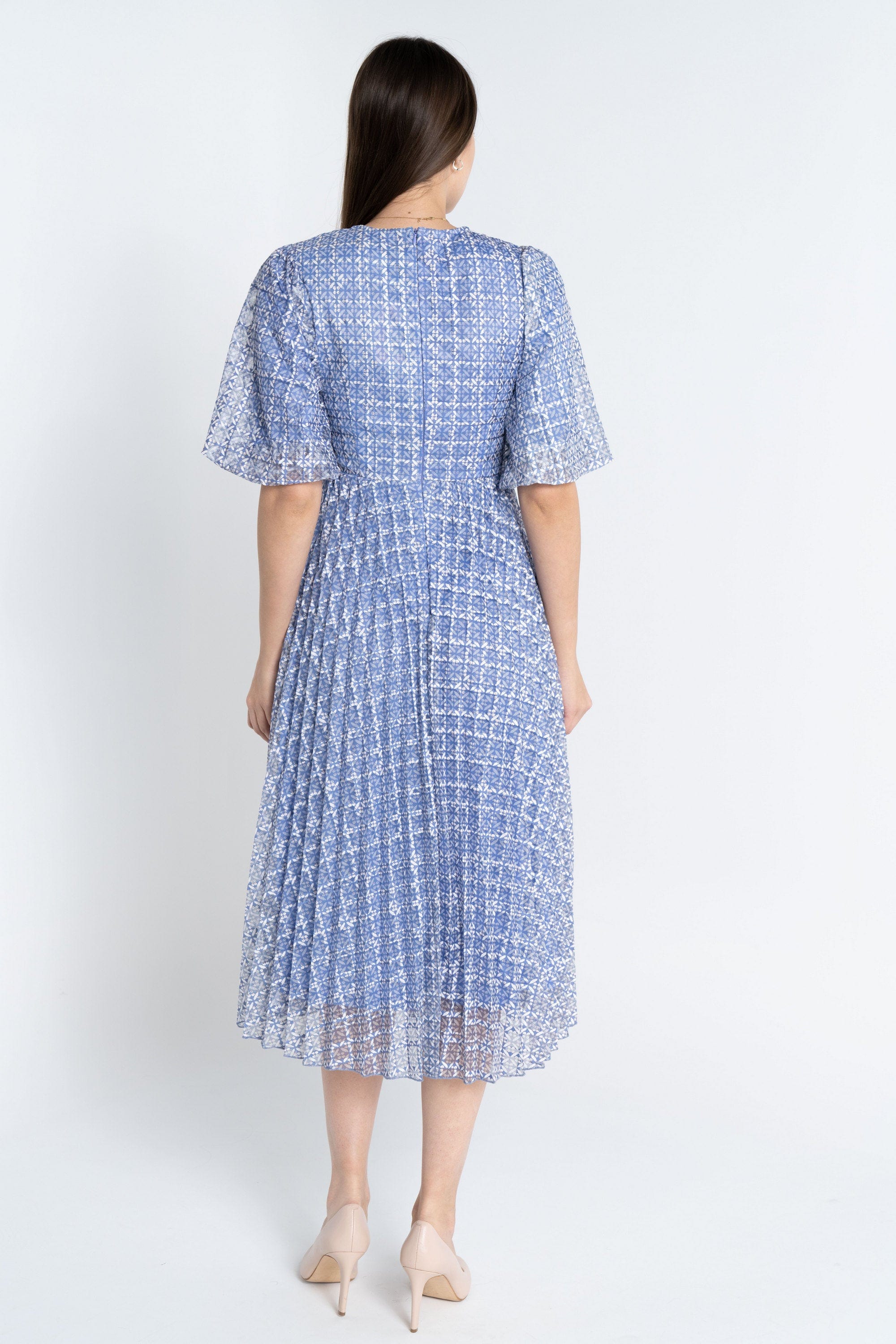 نتشي فستان ميدي منقوش على شكل مربعات مخصر كم قصير نسائي