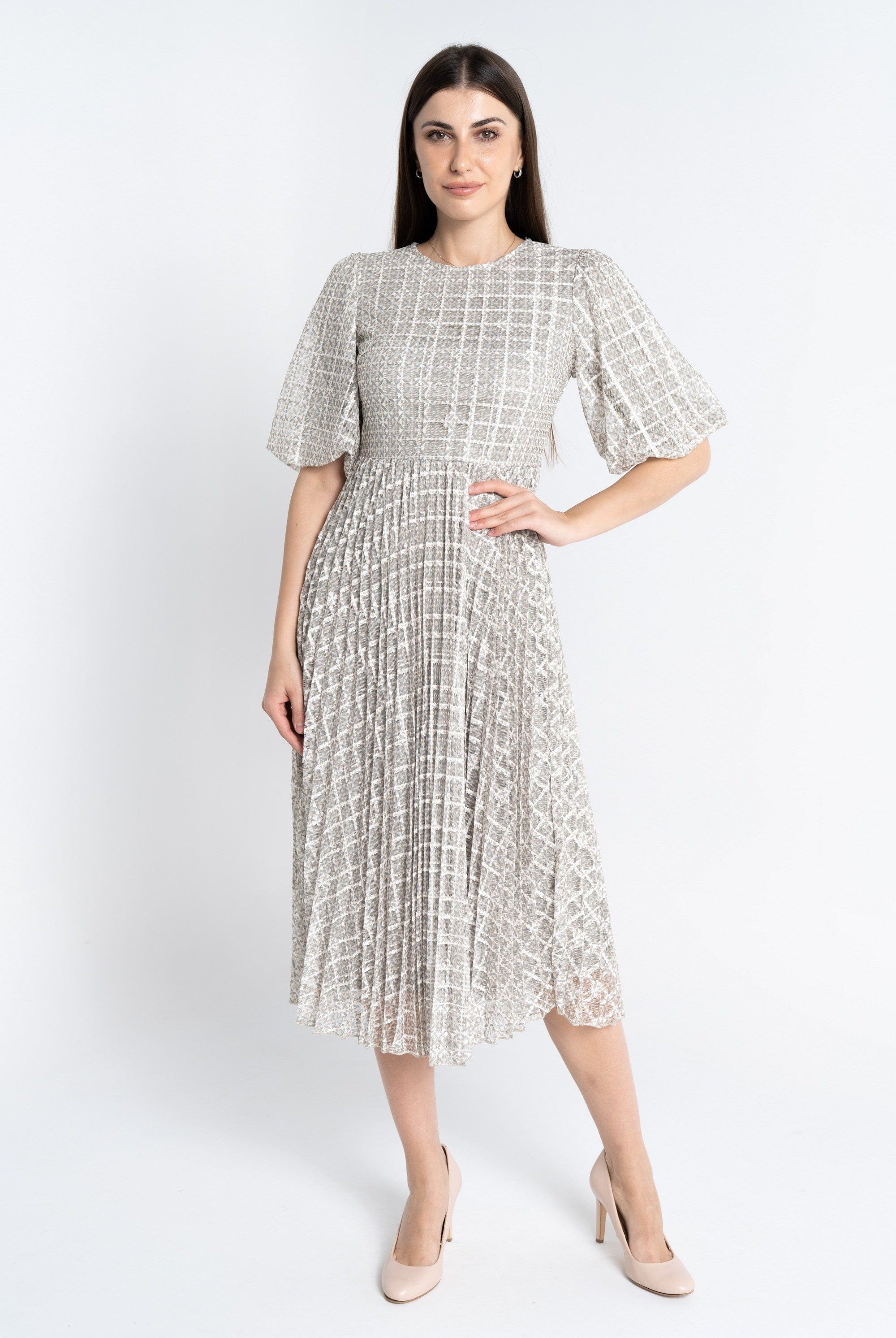 نتشي فستان ميدي منقوش على شكل مربعات مخصر كم قصير نسائي