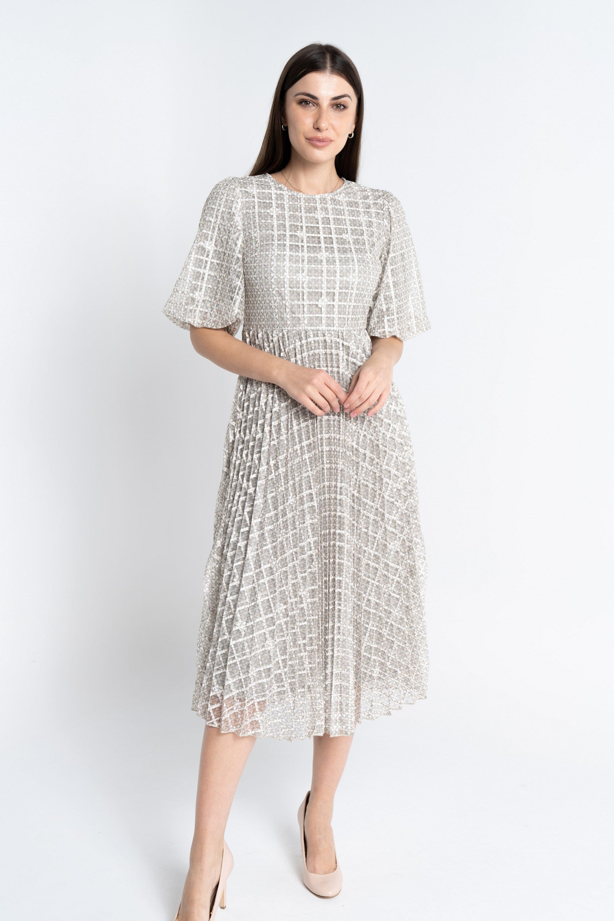 نتشي فستان ميدي منقوش على شكل مربعات مخصر كم قصير نسائي