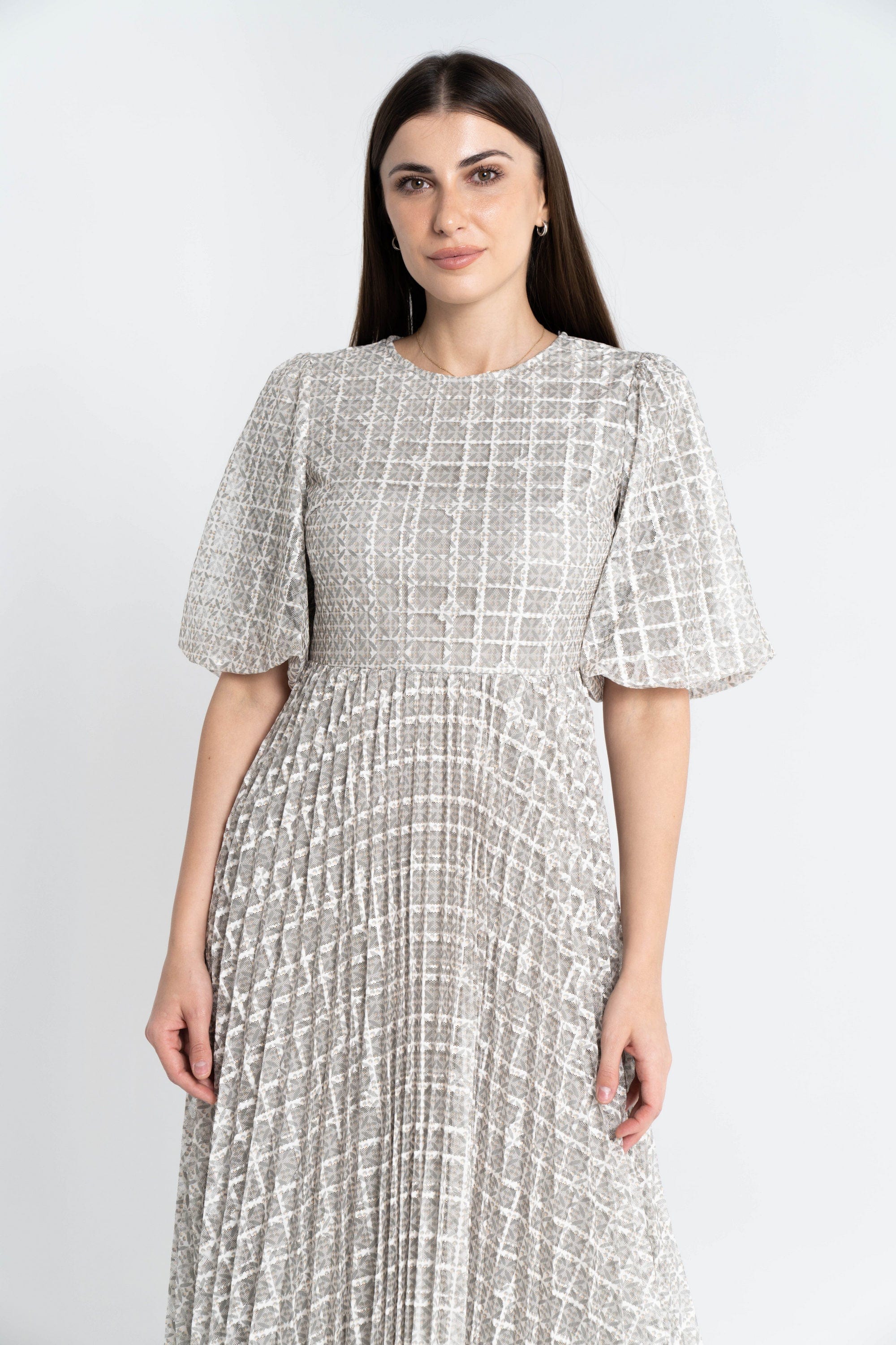 نتشي فستان ميدي منقوش على شكل مربعات مخصر كم قصير نسائي