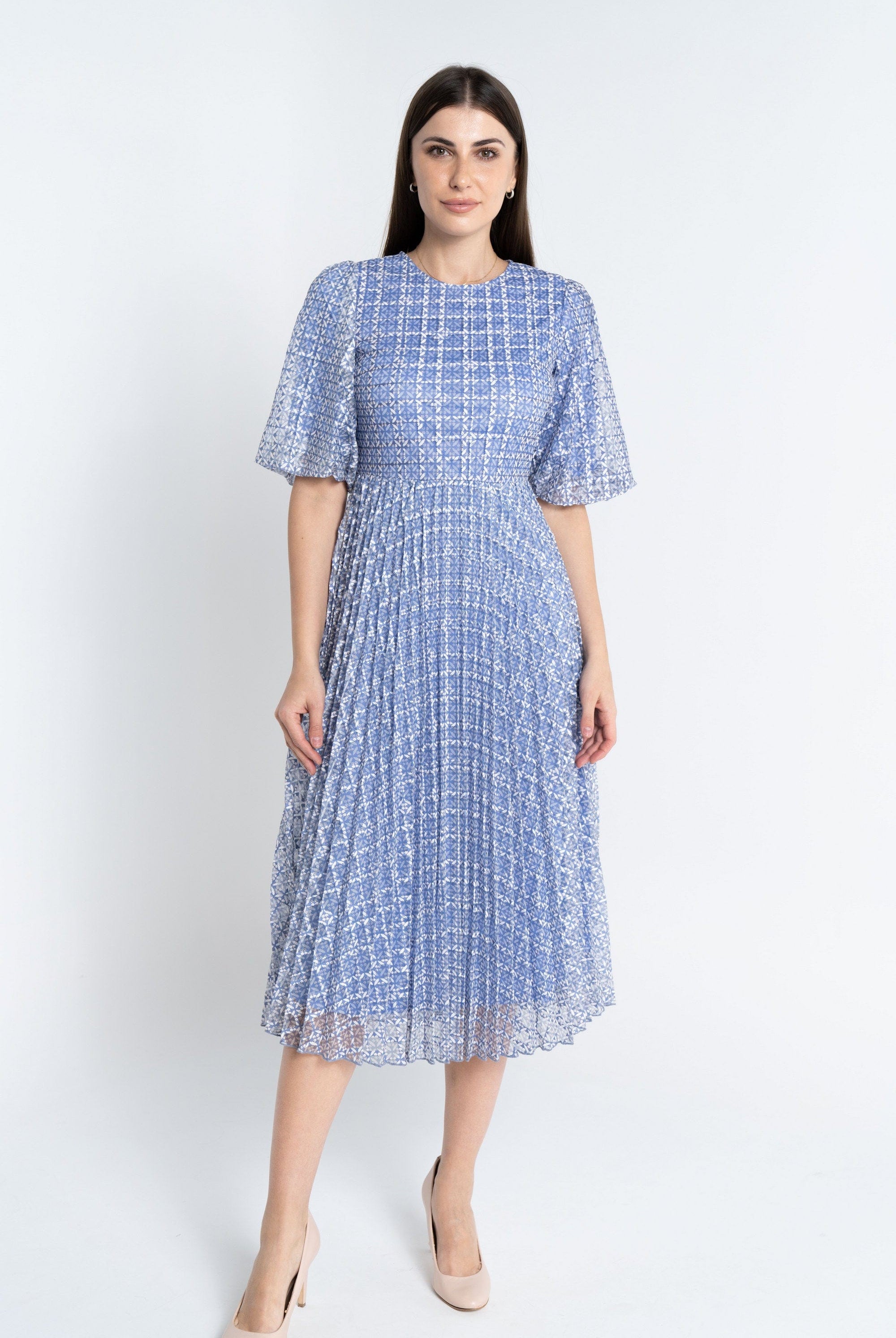 نتشي فستان ميدي منقوش على شكل مربعات مخصر كم قصير نسائي