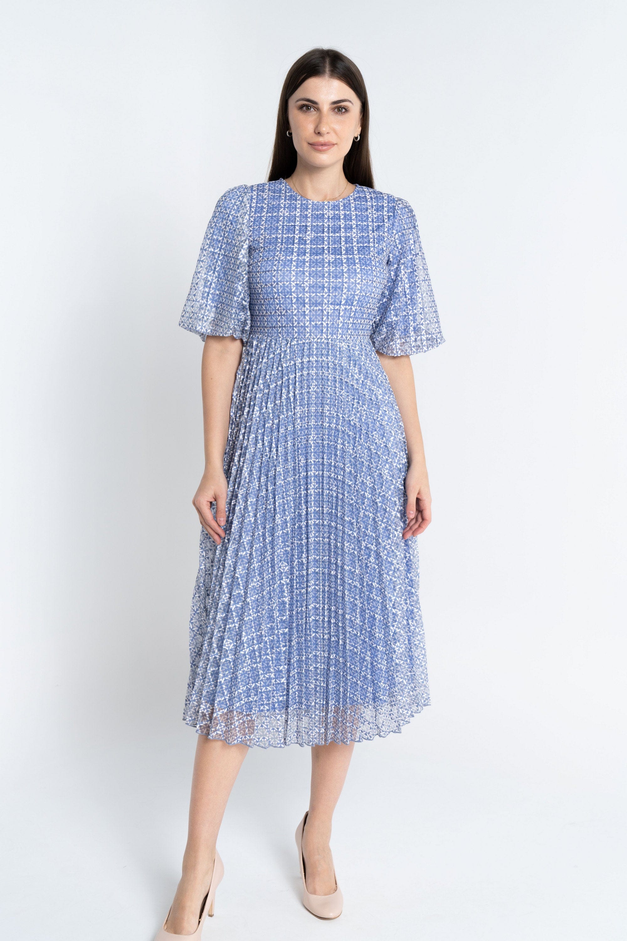 نتشي فستان ميدي منقوش على شكل مربعات مخصر كم قصير نسائي